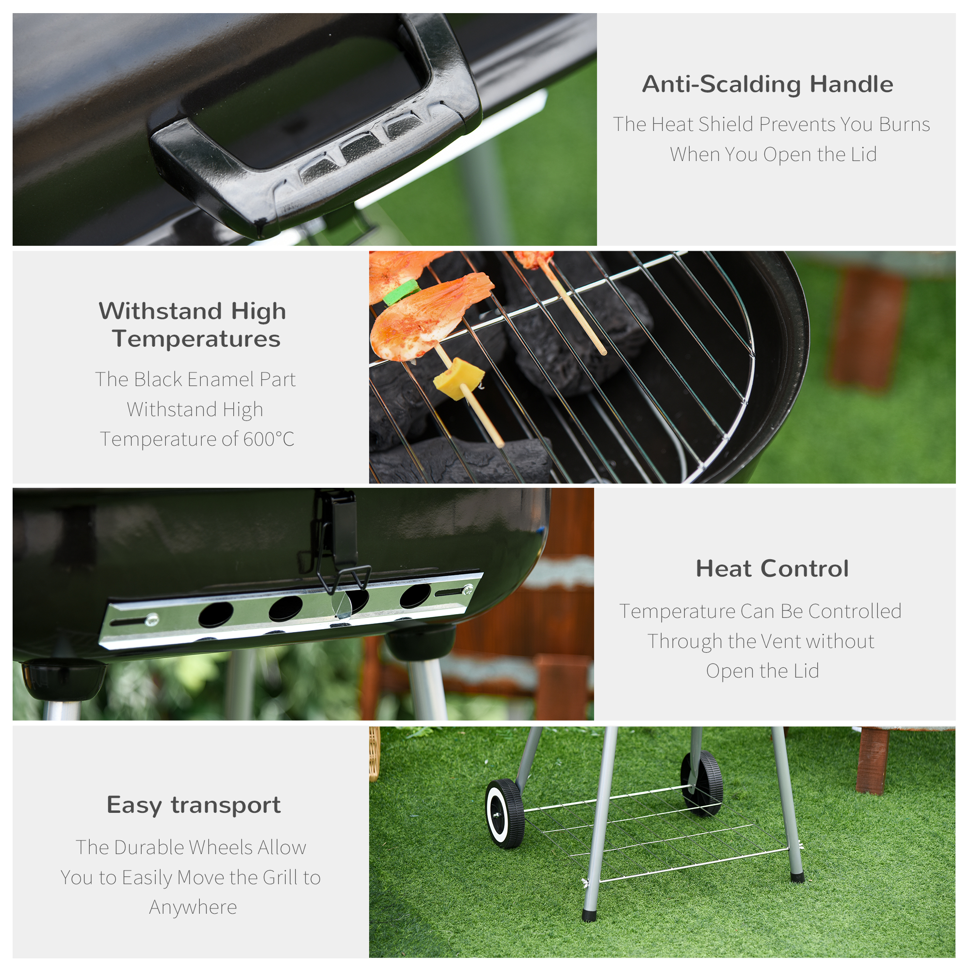 Charcoal BBQ Grill with Warming Rack & Storage Side Table, Portable Barbecue Smoker, 89 x 60 x 83 cm, Black - Image 3