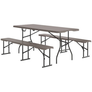 6FT 3PCS Faux Rattan Outdoor Camping Table Bench Set with Carrying Handles, Folding Picnic Table with 2 Benches, Brown