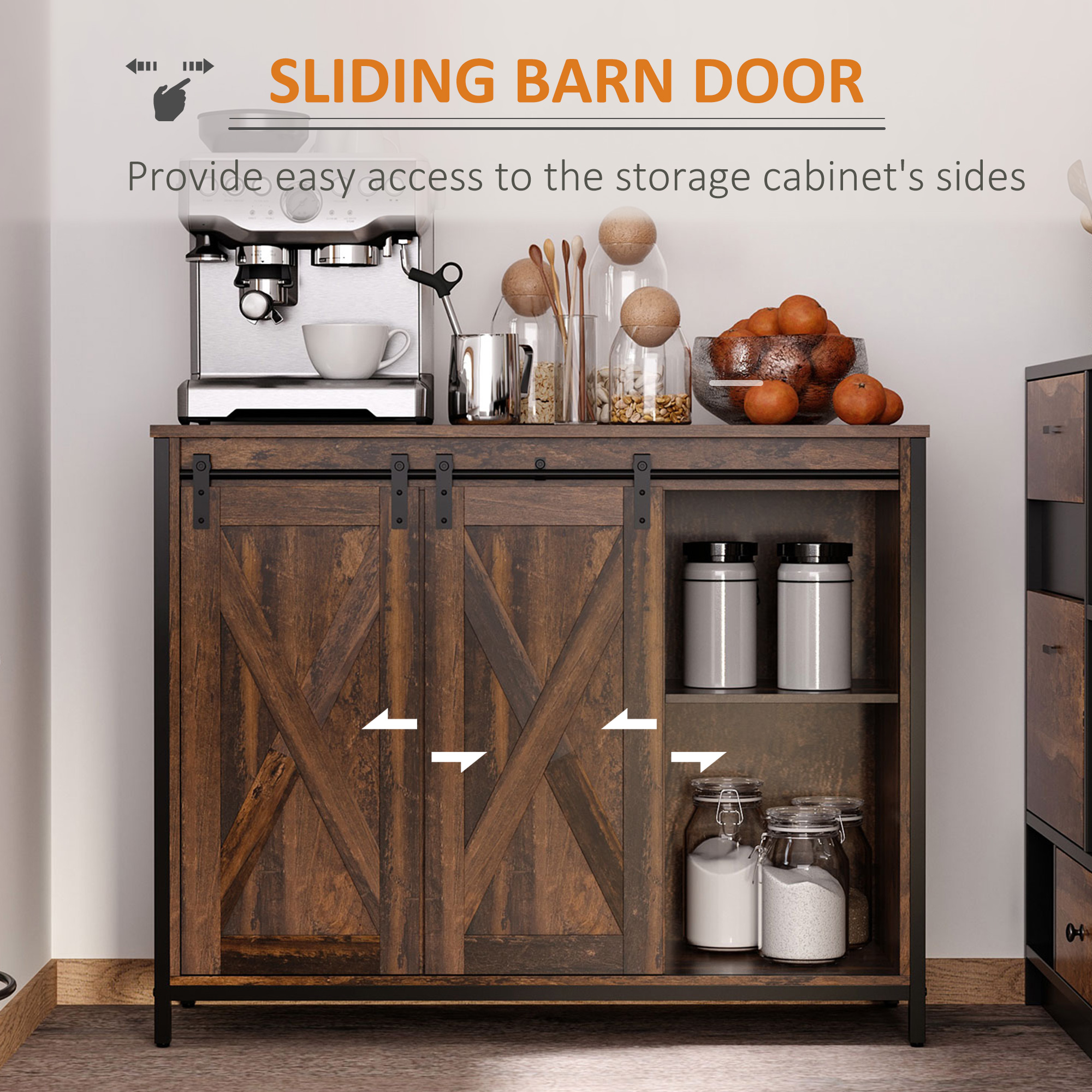 Industrial Buffet Cabinet, Kitchen Sideboard with Sliding Barn Doors, Three Drawers and Adjustable Shelves, Rustic Brown - Image 3