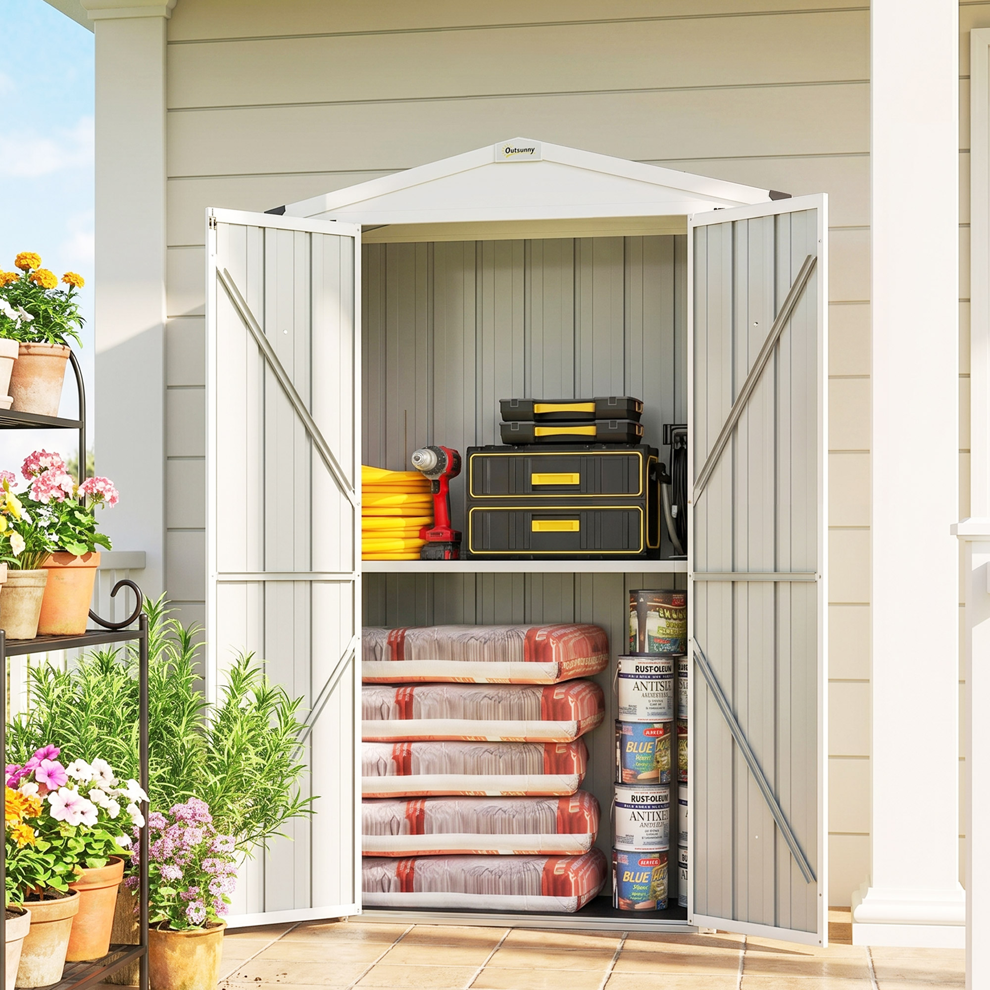 Outdoor Storage Shed Apex Roof Metal Garden Shed with Shelf for Backyard, Light Grey - Image 6