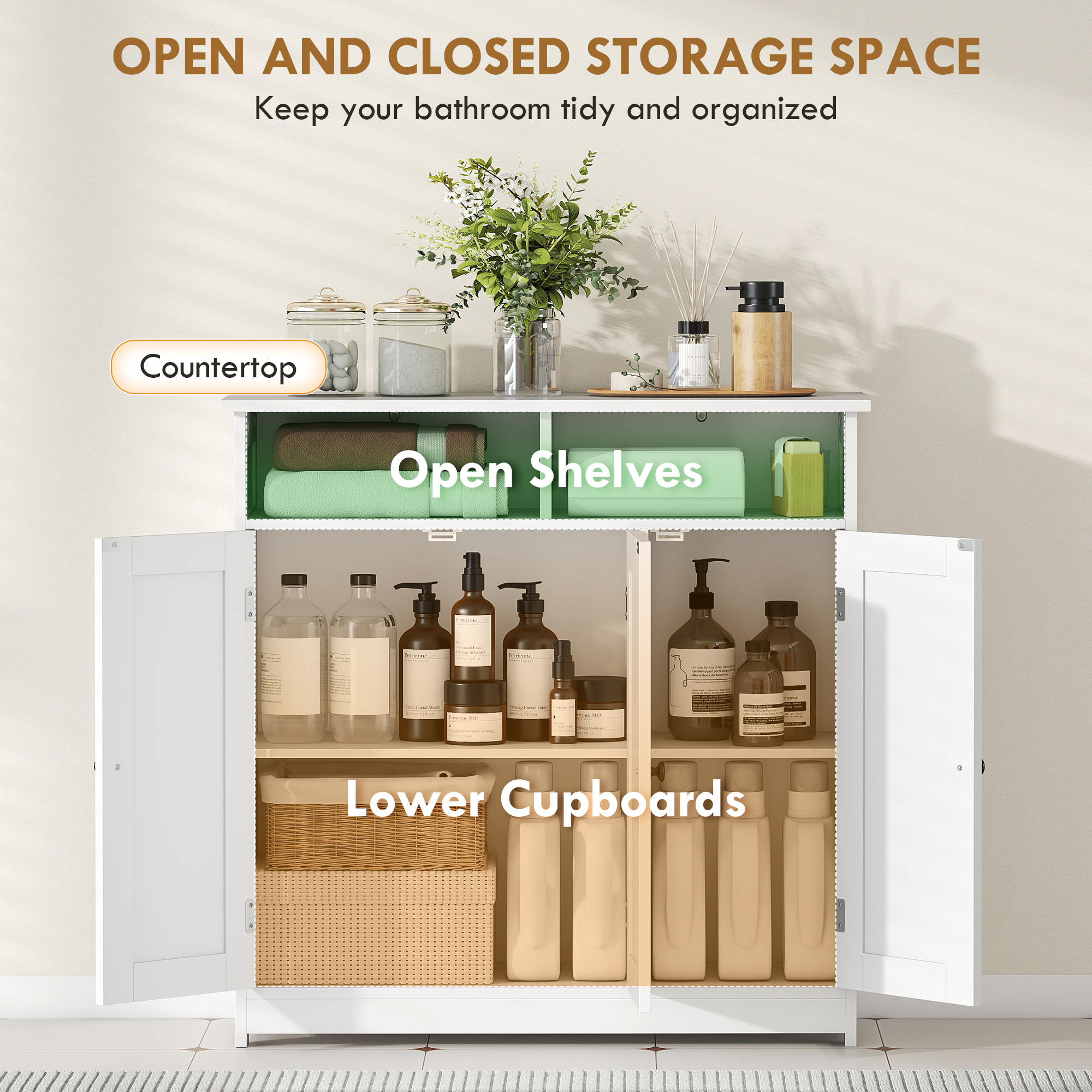 Bathroom Floor Cabinet, Freestanding Bathroom Storage Unit with 3 Doors, 2 Open Shelves and Adjustable Shelf, White - Image 2