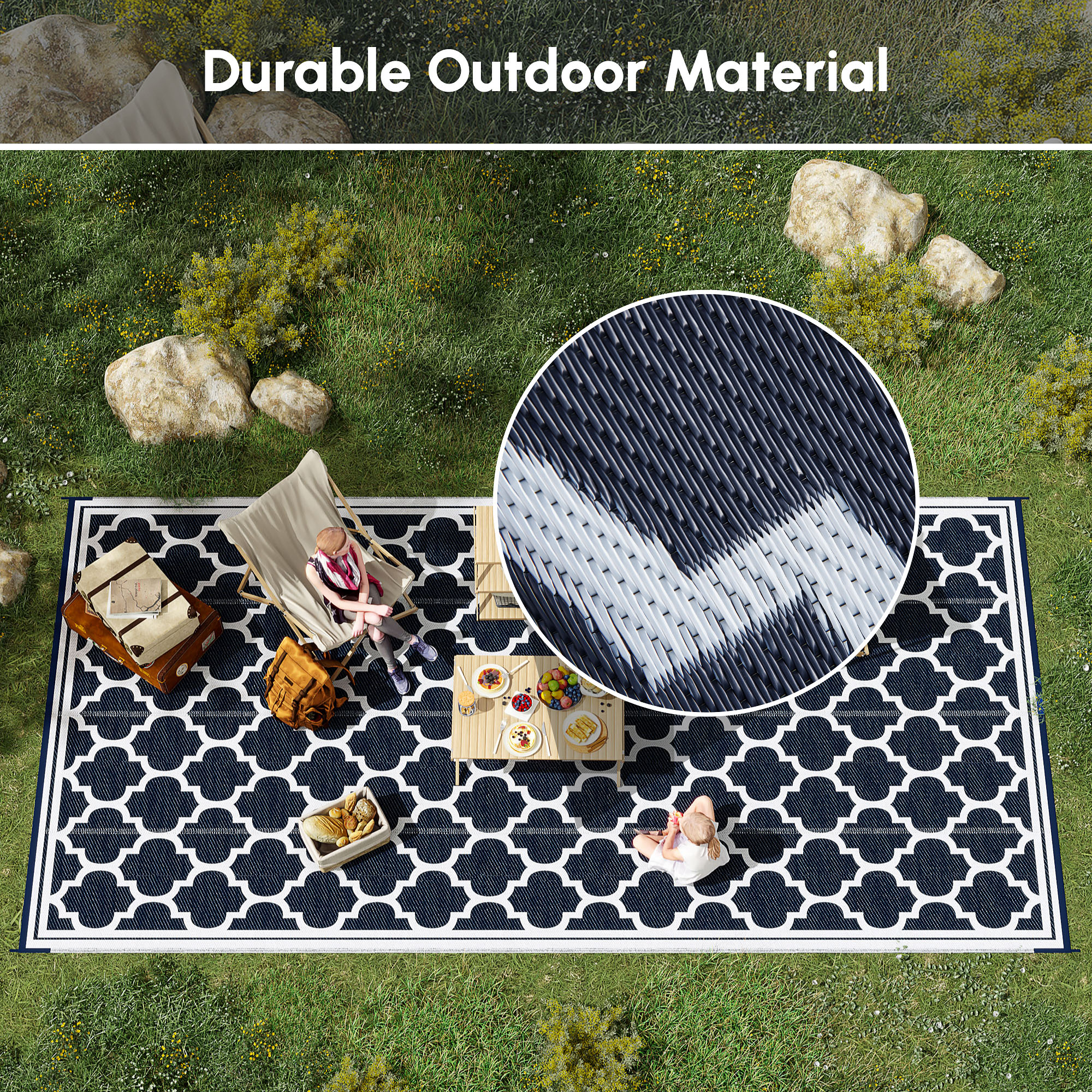 Reversible Outdoor RV Rug, 9' x 18' Patio Floor Mat, Plastic Straw Rug, Dark Blue and White - Image 6