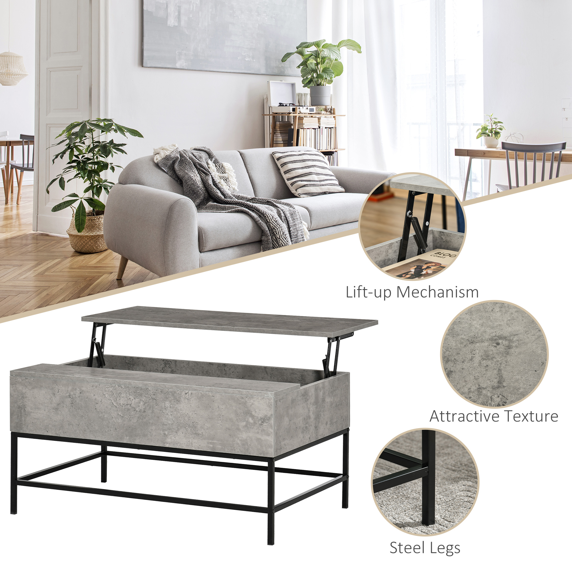 Lift Top Coffee Table with Hidden Storage Compartment Lift Tabletop Center Table for Living Room, Grey - Image 2