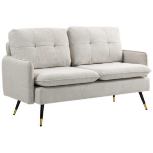 55" Loveseat Sofa, Linen Love Seat w/ S spring, Steel Legs and Button Tufting, Small Couch for Living Room, Cream White
