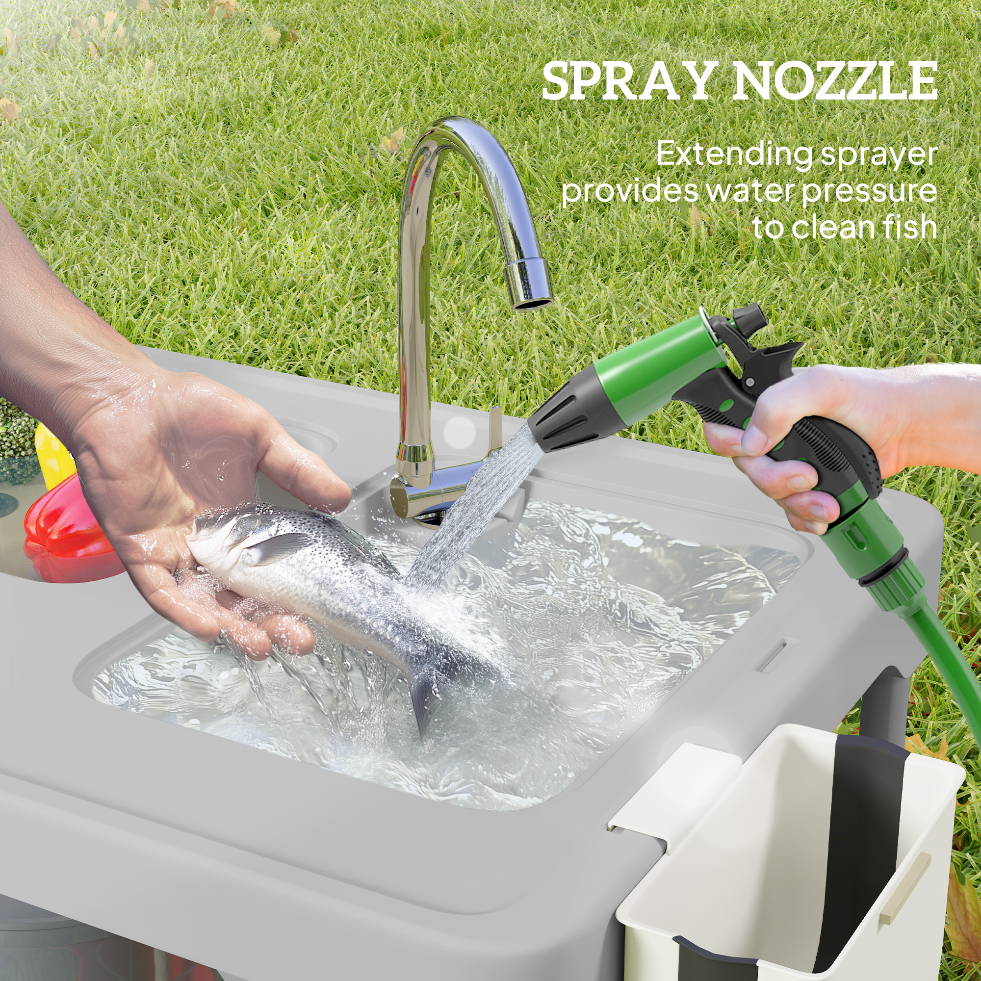 Folding Fish Cleaning Table with Sinks, Camping Sink with Faucet Drainage Hose Sprayer Shelf, Grey - Image 3