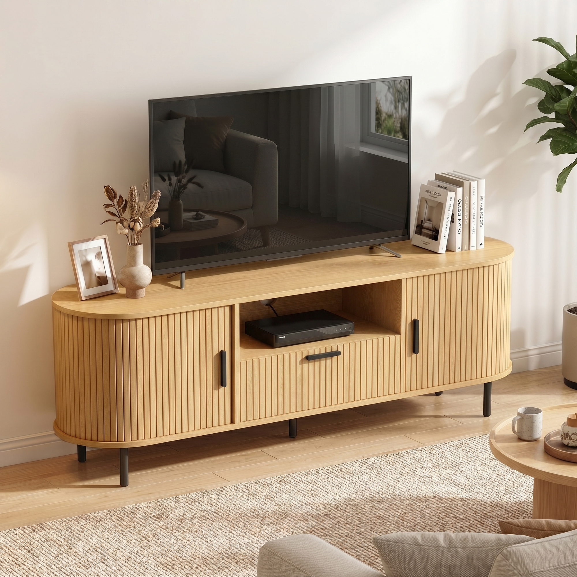 TV Stand for TVs up to 60", Modern Entertainment Center with Curved Sliding Doors and Storage, Natural Wood - Image 6