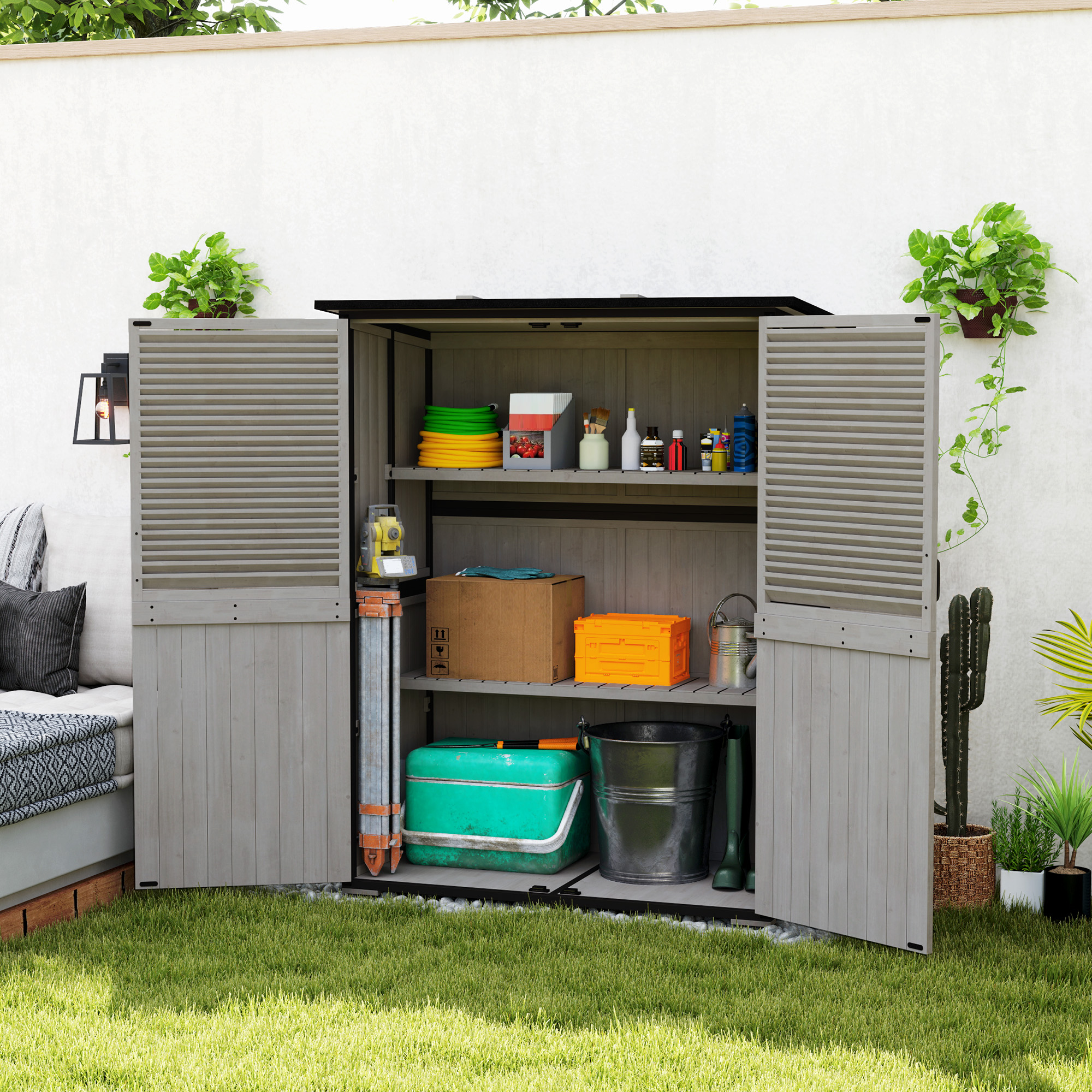 Outdoor Storage Cabinet, Wood Garden Shed with Steel Frame, Asphalt Roof, 2 Shelves and Lockable Doors, Grey - Image 6