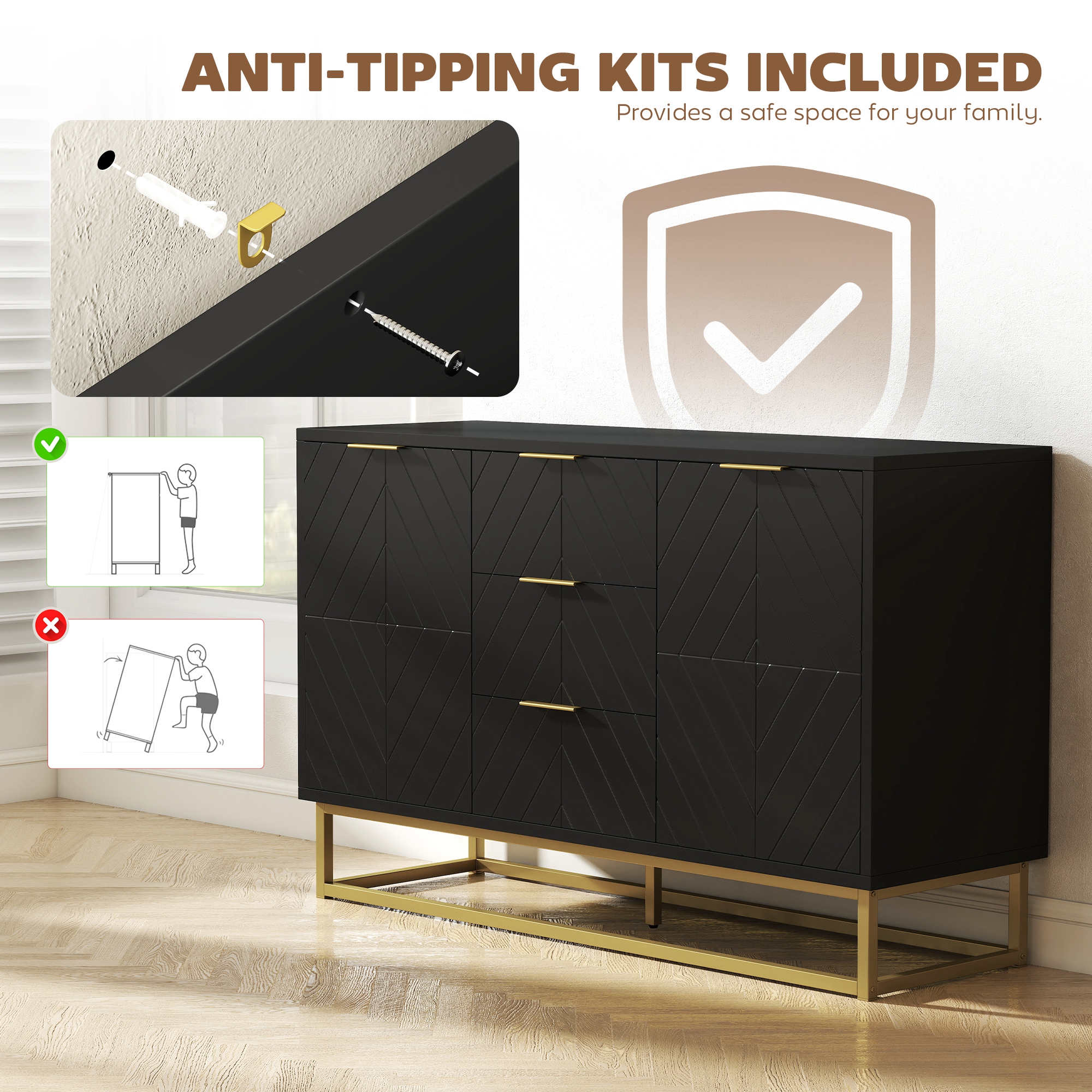 Sideboard Storage Cabinet with 3 Drawers, Adjustable Shelves and Doors, Kitchen Buffet Cabinet for Dining Room, Black - Image 5
