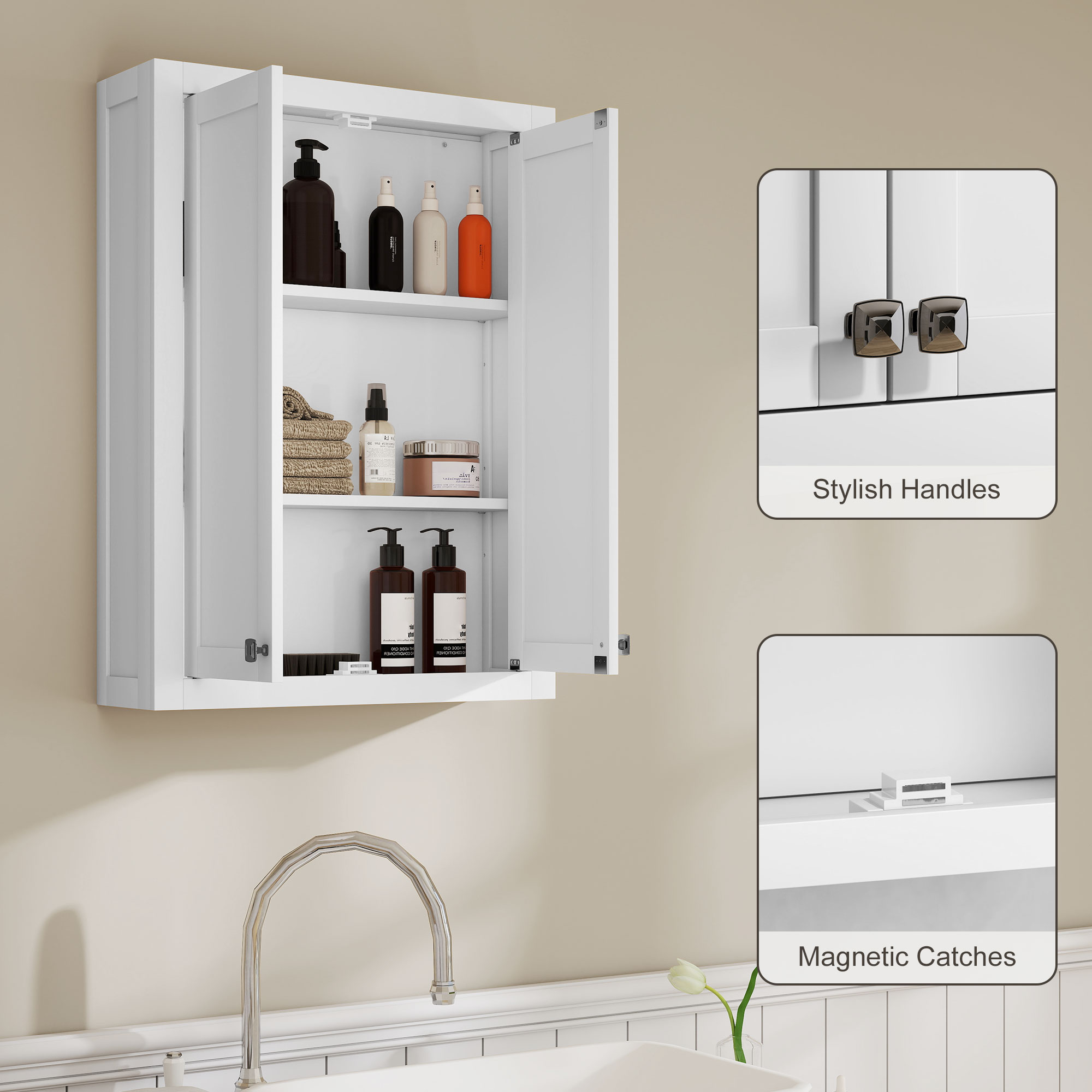 Bathroom Cabinet Wall Mounted, Modern Bathroom Wall Cabinet with 2 Doors and 2 Adjustable Shelves, White - Image 5