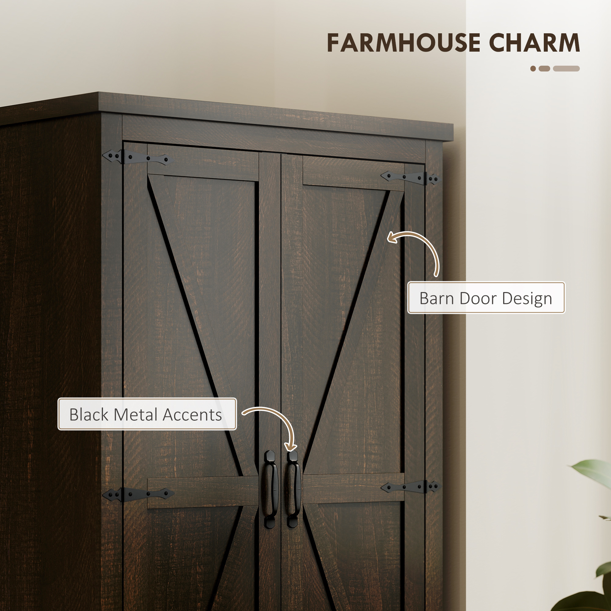 Farmhouse Kitchen Pantry Storage Cabinet, 64" Freestanding Kitchen Pantry Cabinet with Drawers, Distressed Dark Brown - Image 2
