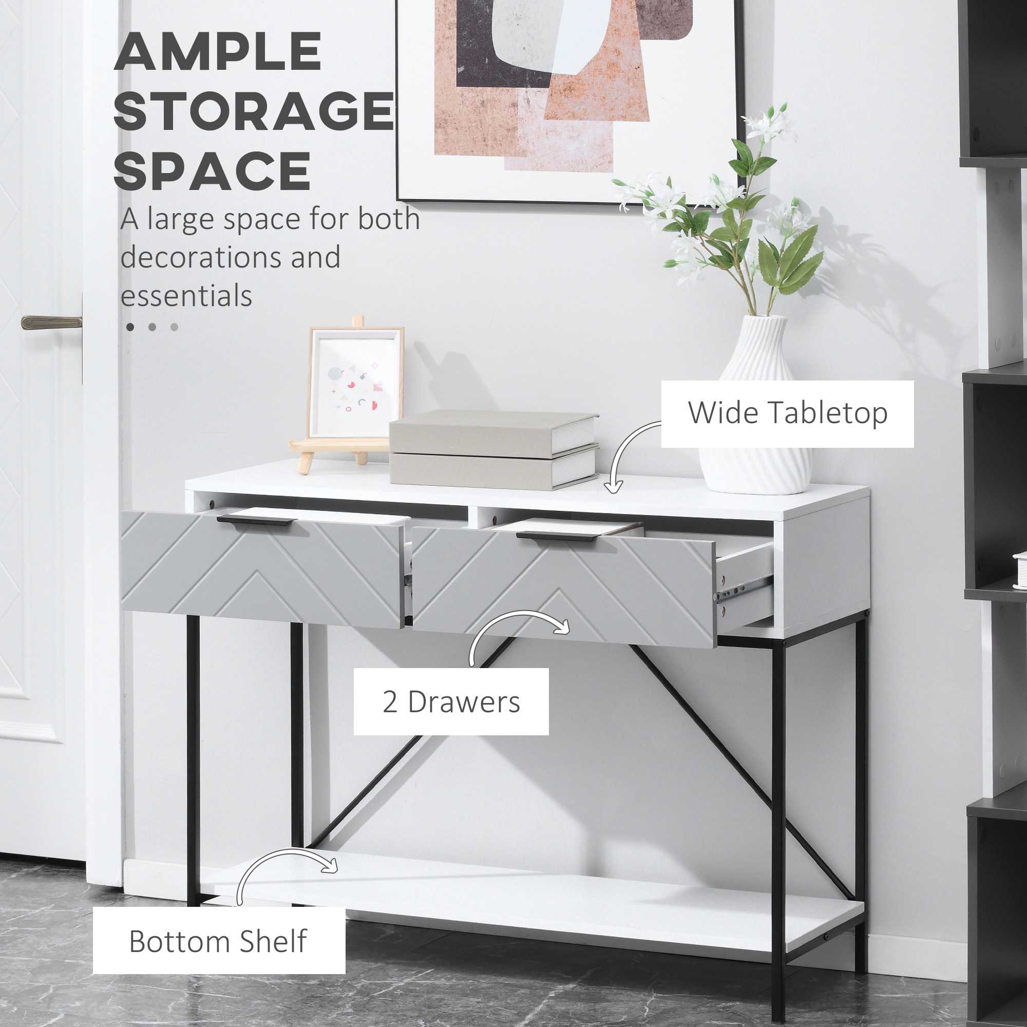 Modern Console Table with 2 Drawers, 2 Tier Entryway Table with storage Shelf, Narrow Sofa Table for Living Room, Hallway, White - Image 2