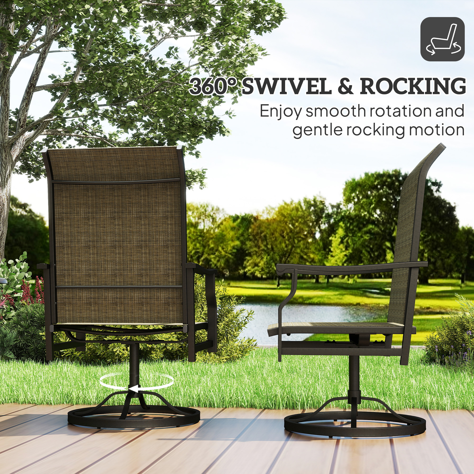Patio Swivel Chair Set of 2, Swivel Rocker Outdoor Chairs with High Back, for Lawn Garden Backyard Deck, Brown - Image 2