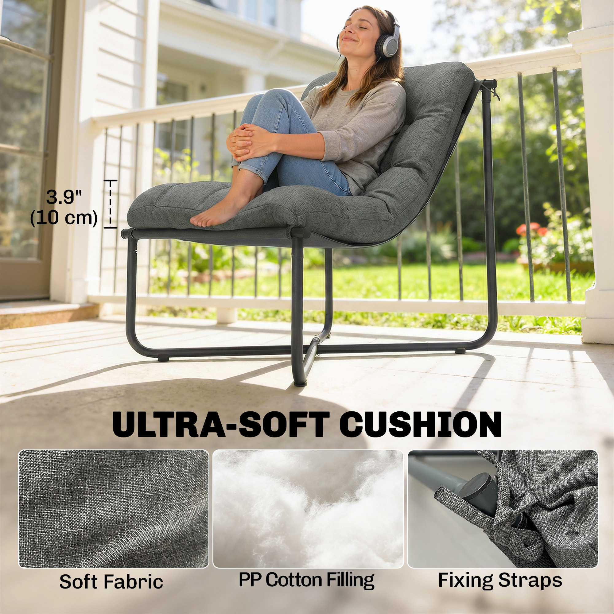 Outdoor Patio Chair, Comfy Sling Lounge Chair with Cushion, Breathable Wide Seat, Steel Frame, Dark Grey - Image 3