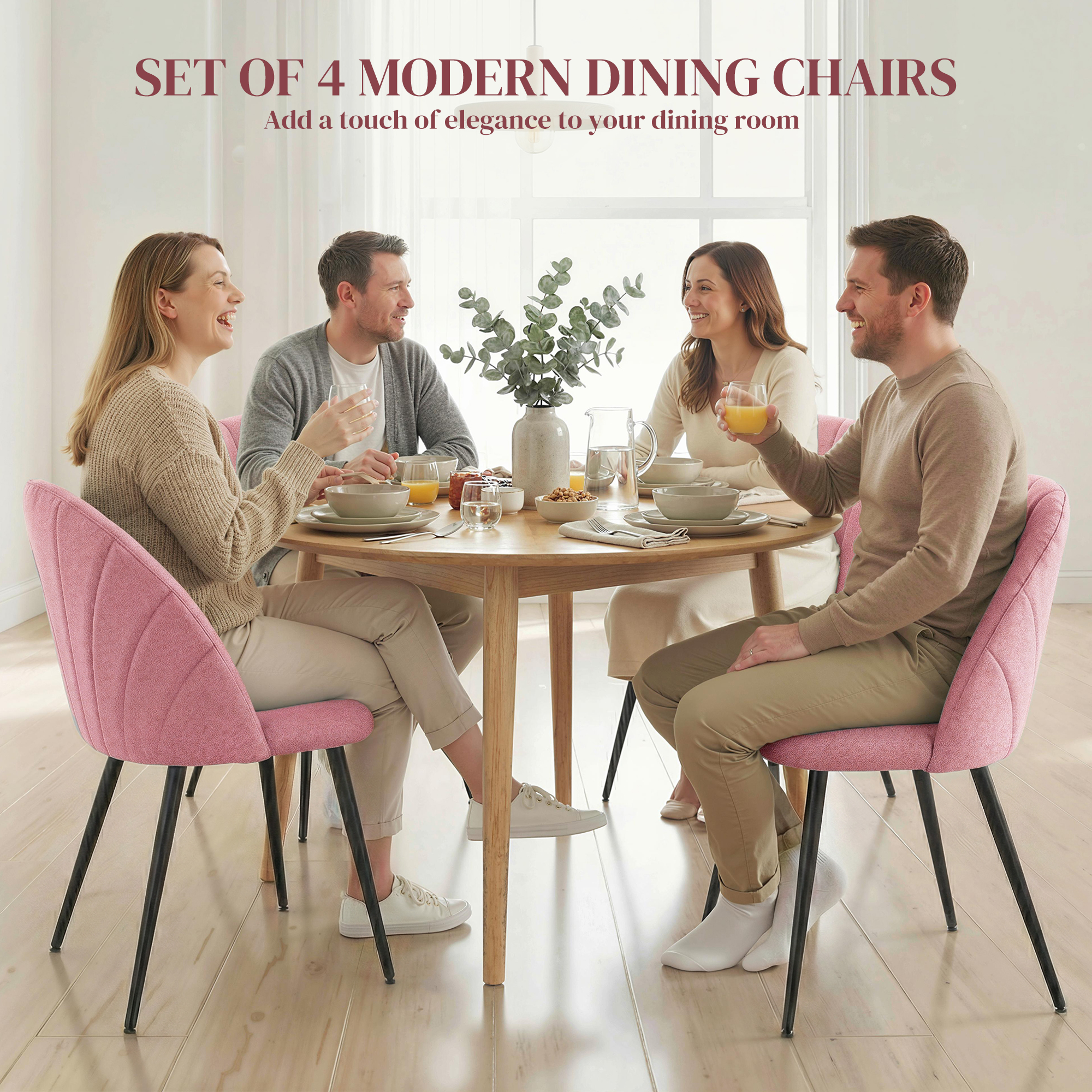 Modern Dining Chairs Set of 4, Upholstered Dining Room Chairs with Metal Legs, Shell Backrest, Padded Seat, Pink - Image 2