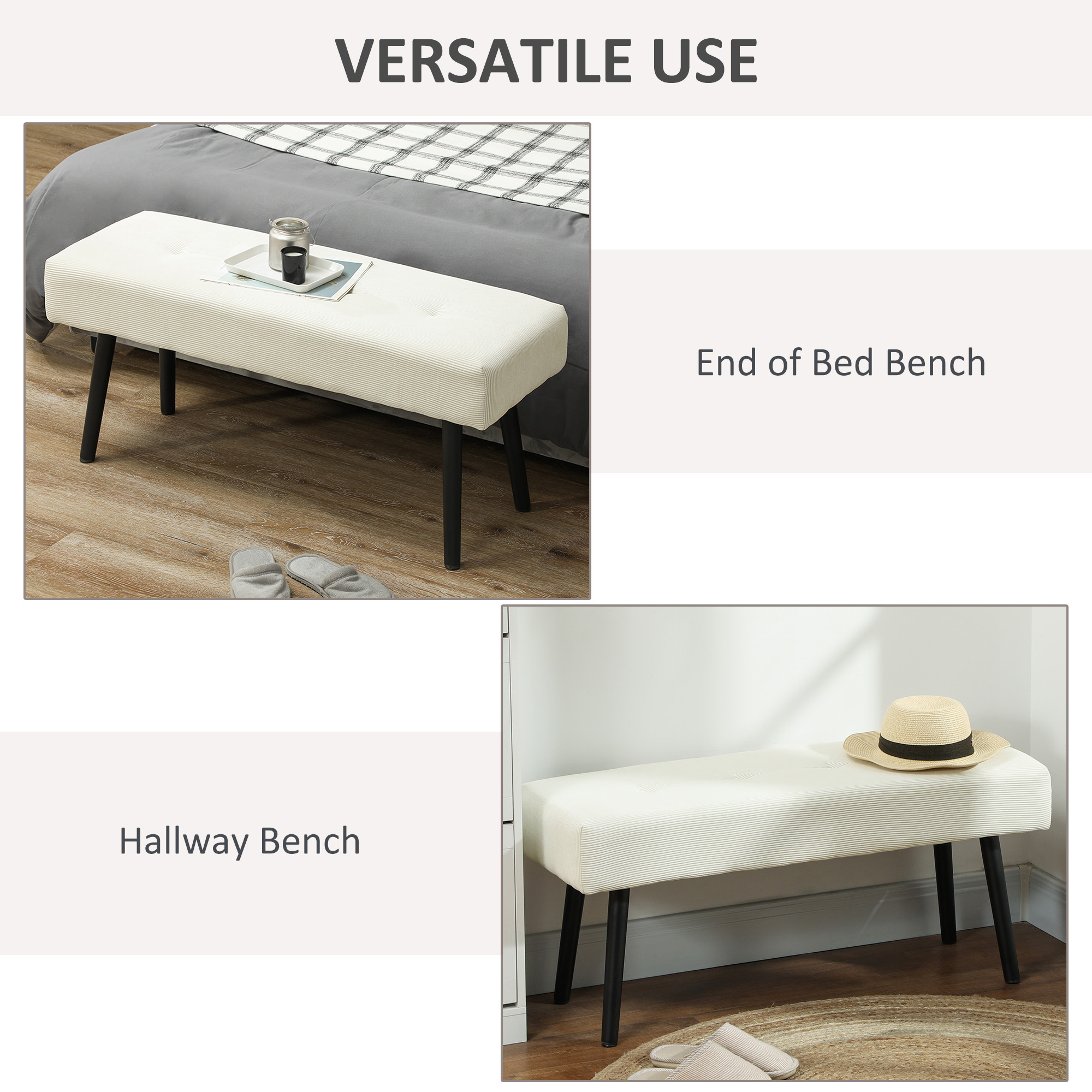 39" Upholstered Ottoman Bench, Corduroy Entryway Bedroom Bench with Padded Seat and Steel Legs for Bedroom, Cream White - Image 4