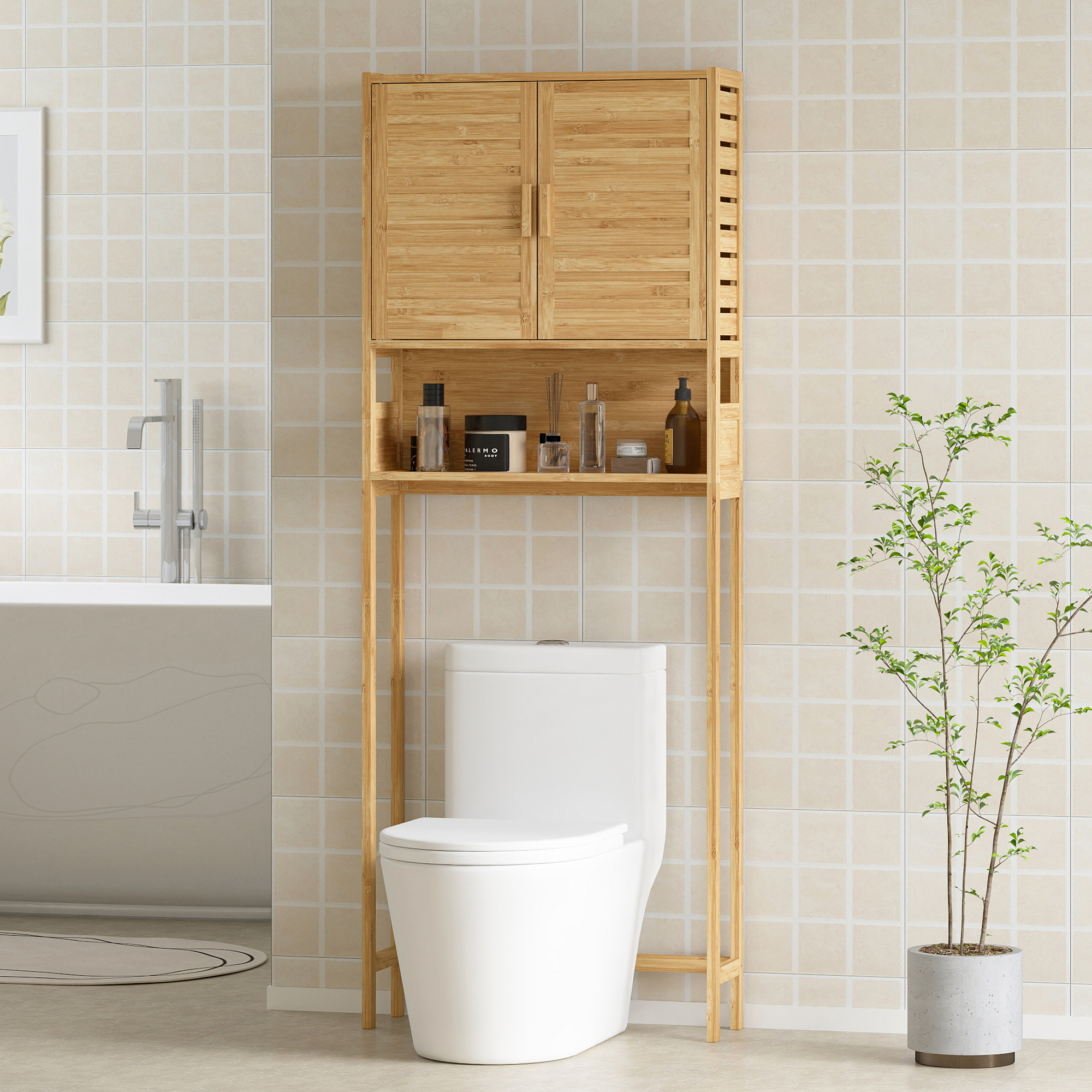 Over the Toilet Cabinet, Bathroom Organizer with 2 Doors, Open Compartment and Adjustable Shelf, Natural Wood Finish - Image 6
