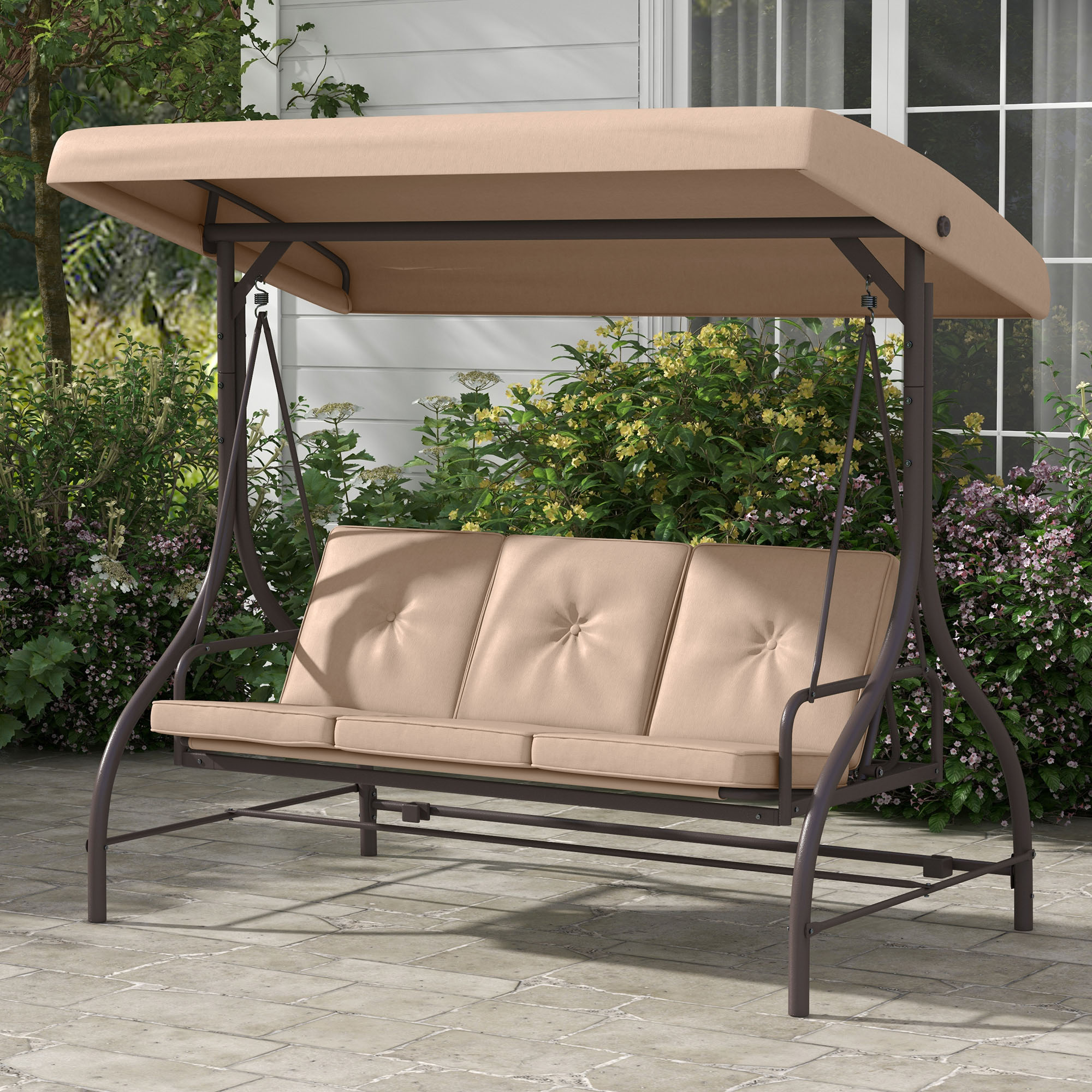 Convertible Patio Swing Bed with Canopy and Cushions, 3 Seater Porch Swing for Outdoor, Backyard, Garden, Khaki - Image 6