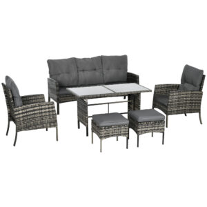6-Piece Outdoor Patio Furniture Set with Chairs, Ottomans, Sofa, Glass Top Coffee Table and Cushions, Wicker Rattan Conversation Set for Backyard and Porch, Grey