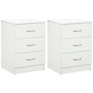Bedside Table with 3 Drawers, Modern Wood Nightstand, Side Table with Anti-tipping Design for Bedroom, Set of 2, White