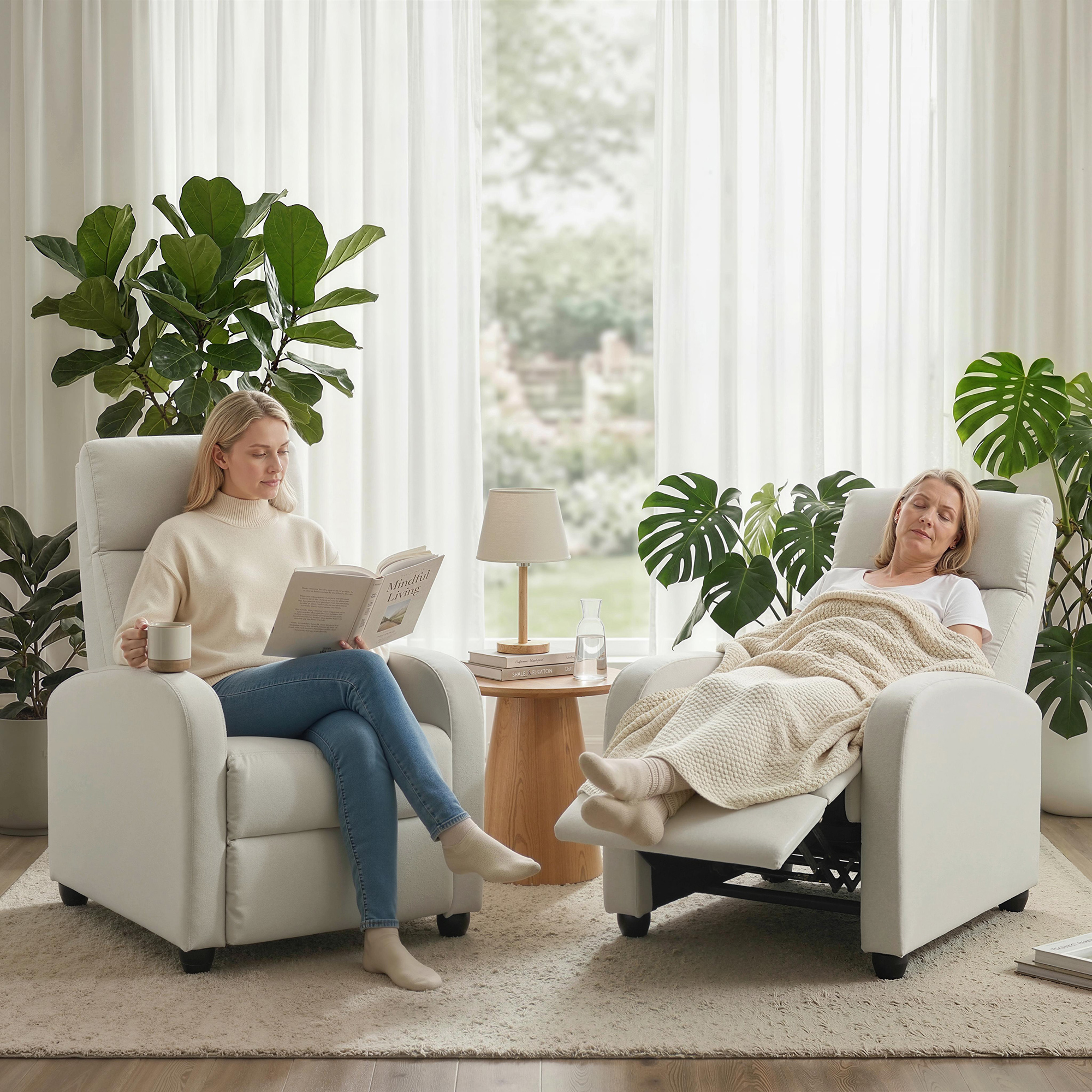 Fabric Recliner Chair Manual Home Theater Seating Single Reclining Sofa Chair with Padded Seat, Cream White - Image 5