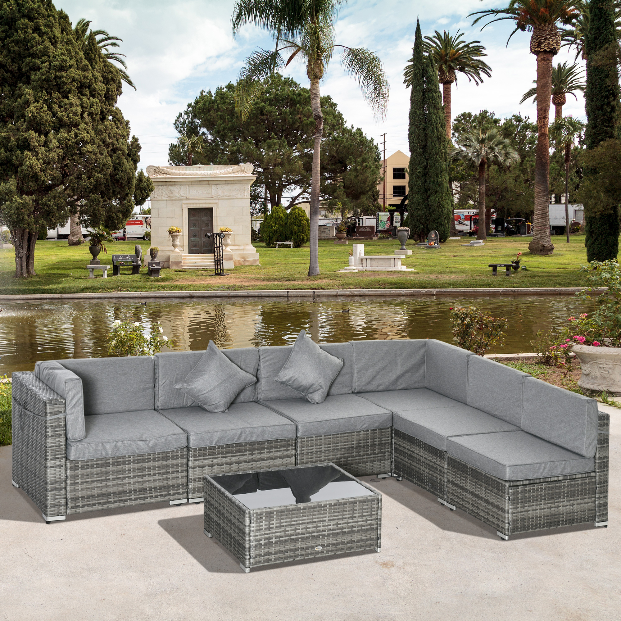 7pc Garden Wicker Sectional Set with Tea Table Patio Rattan Lounge Sofa Outdoor Deck Furniture Light Grey - Image 6