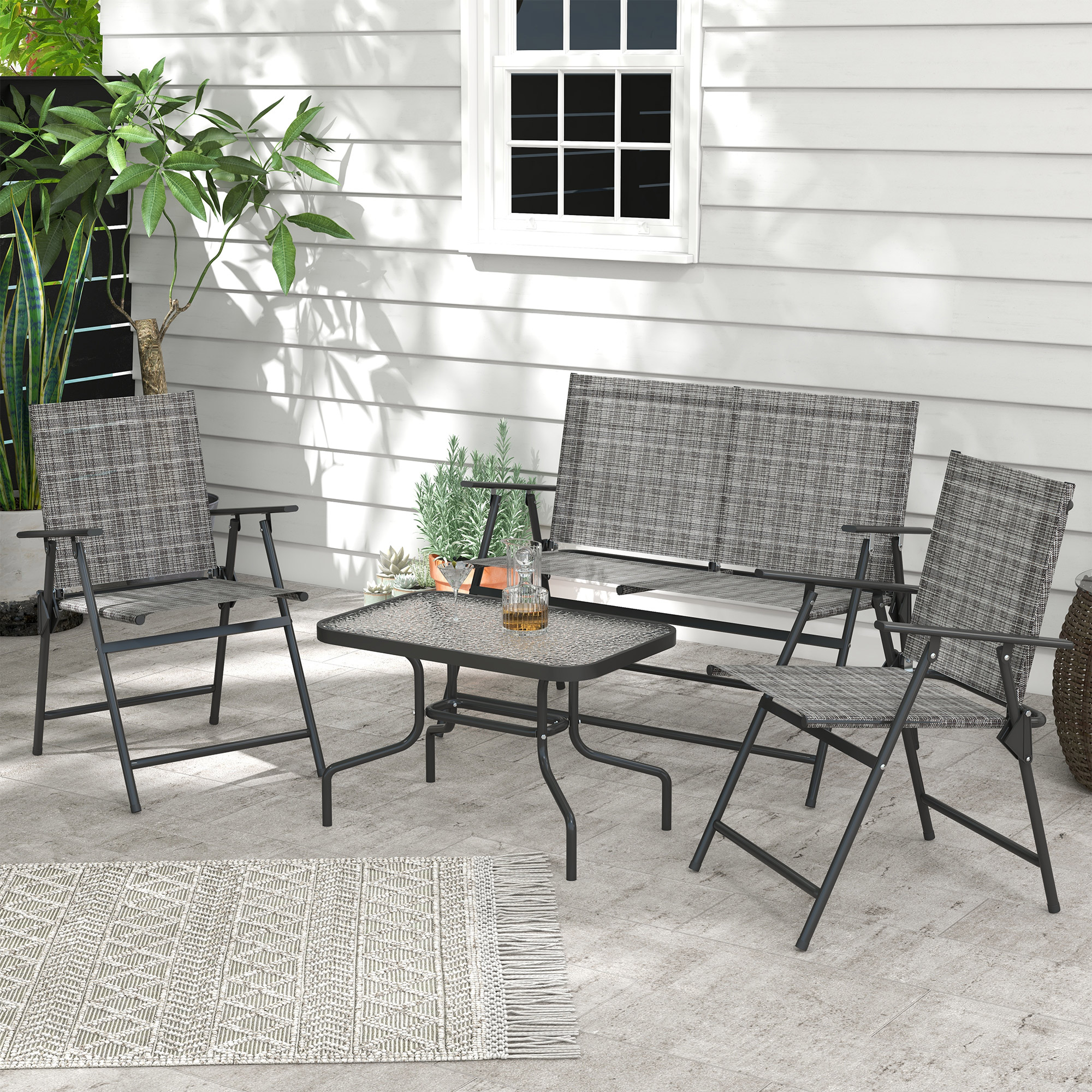 Outdoor 4 Pieces Patio Furniture Set, Garden Set with Two Foldable Armchairs, a Loveseat & Glass Top Table, Mixed Grey - Image 6