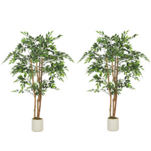 5FT Artificial Banyan Tree Set of 2, Fake Potted Tree with Solid Wood Trunk and Pot for Indoor