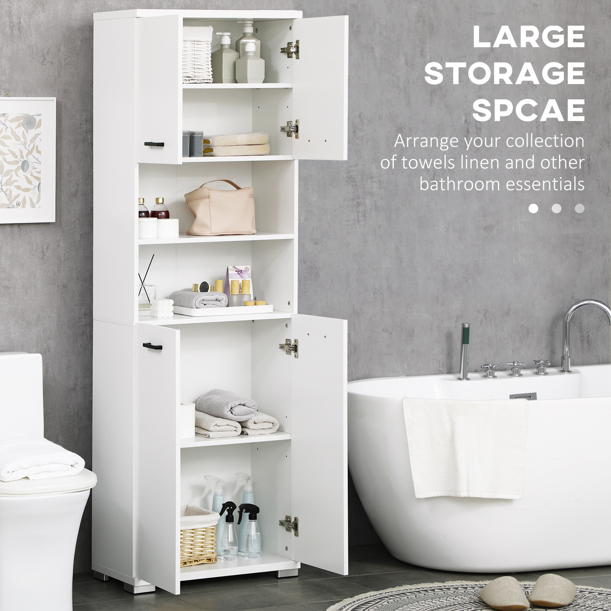 Bathroom Cabinet, Freestanding Linen Cabinet with Open Shelves and Cupboards, 23.6"x13.2"x72", White - Image 3