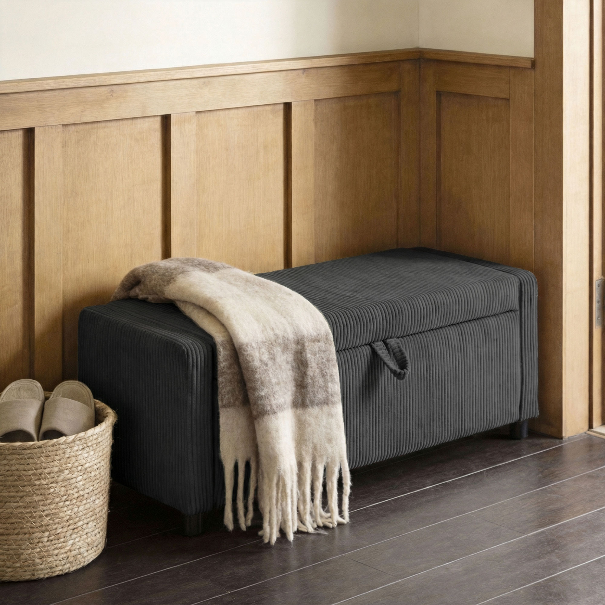 Storage Ottoman, Upholstered Corduroy End of Bed Bench with Thick Padding, Storage Bench for Bedroom, Dark Grey - Image 5