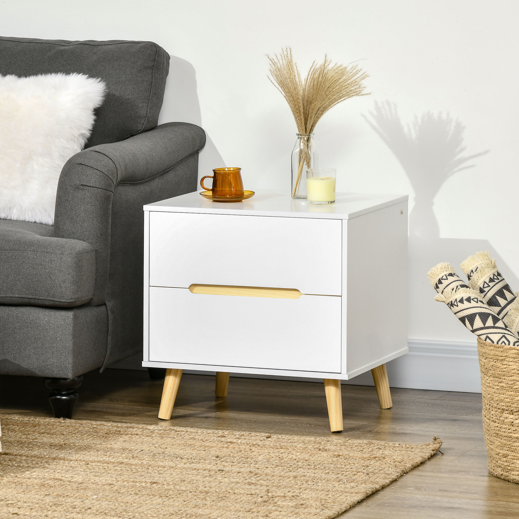 Nightstand, Bedside Table with 2 Drawers, Modern Side End Table with Solid Wood Legs for Bedroom, White - Image 6