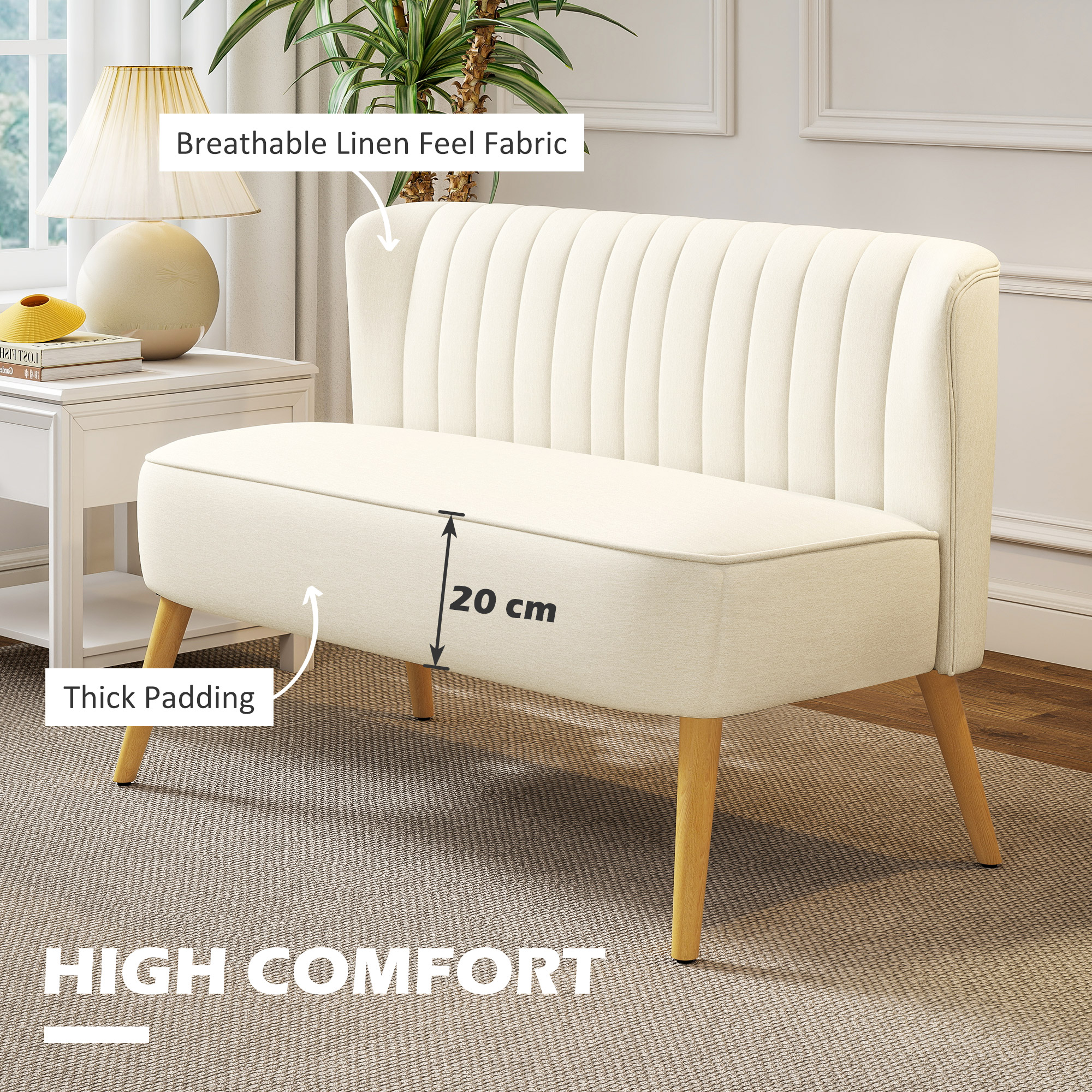 Modern 2 Seat Sofa for Bedroom, Upholstered Two Seater Couch with Rubber Wood Legs, Cream White - Image 2