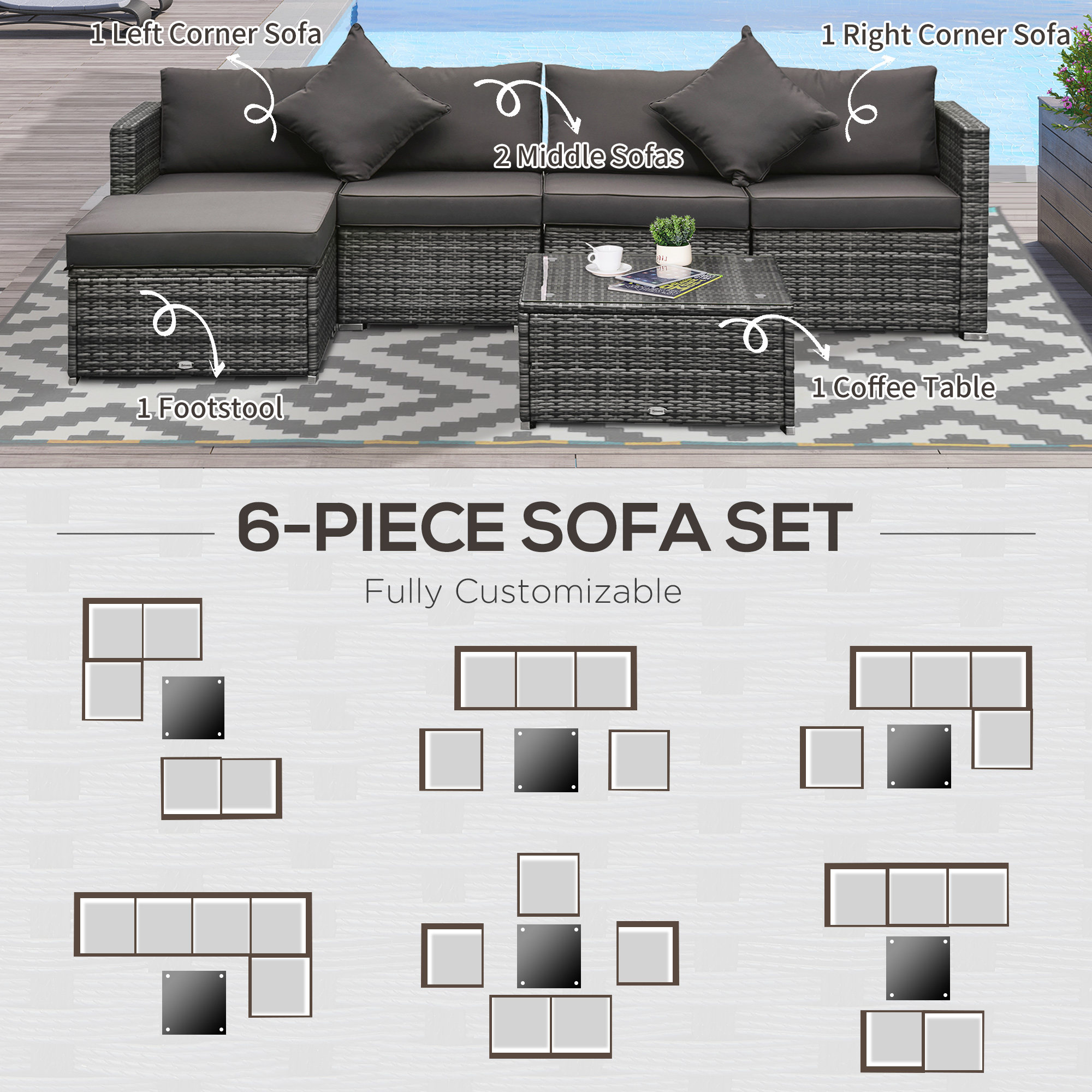 6 Pieces Outdoor PE Rattan Wicker Patio Furniture Sofa Set with Thick Cushions, Deluxe Garden Sectional Couch with Glass Top Table, Mixed Grey and Charcoal - Image 5