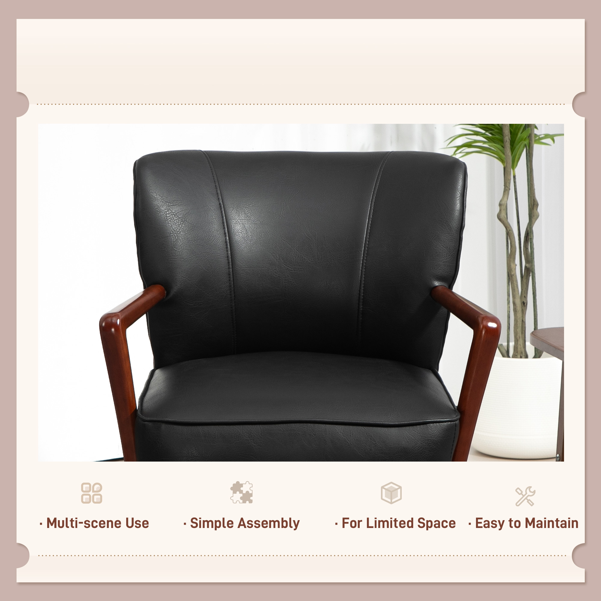 Accent Chair, Modern Armchair, Faux Leather Upholstered Living Room Chair with Wood Legs and Wide Padded Seat, Black - Image 4