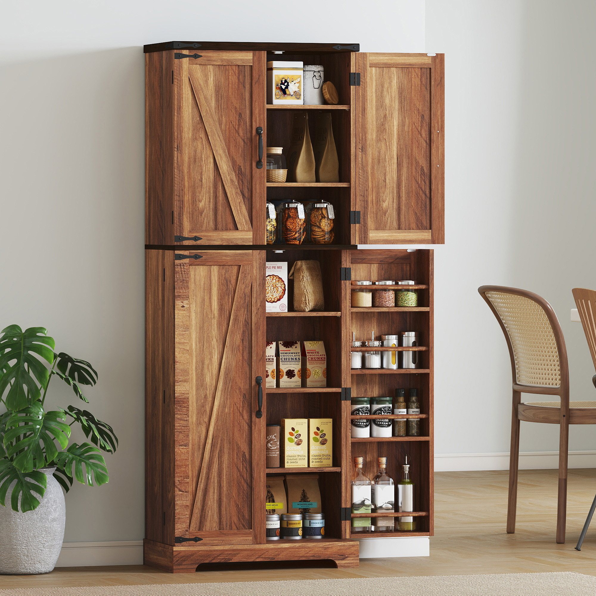 64" Tall Kitchen Pantry Cabinet with Spice Racks and Adjustable Shelves, Brown Wood Grain - Image 6