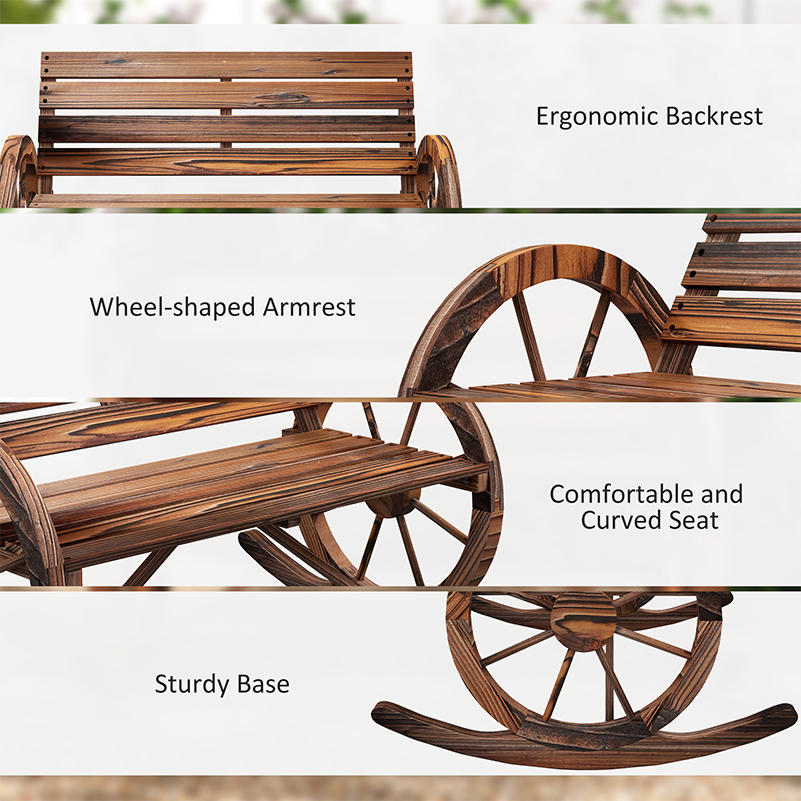 Rocking Outdoor Bench, Wood Outdoor Loveseat with Wagon Wheel Armrests, Carbonized - Image 2