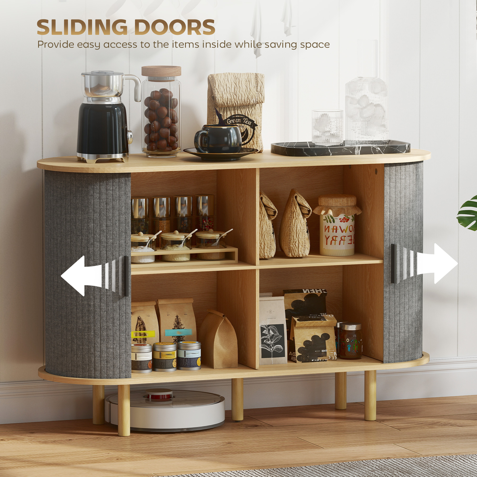 47" Buffet Cabinet with Tambour Sliding Doors, Fluted Sideboard with Storage Shelves and Wooden Legs, Grey - Image 3