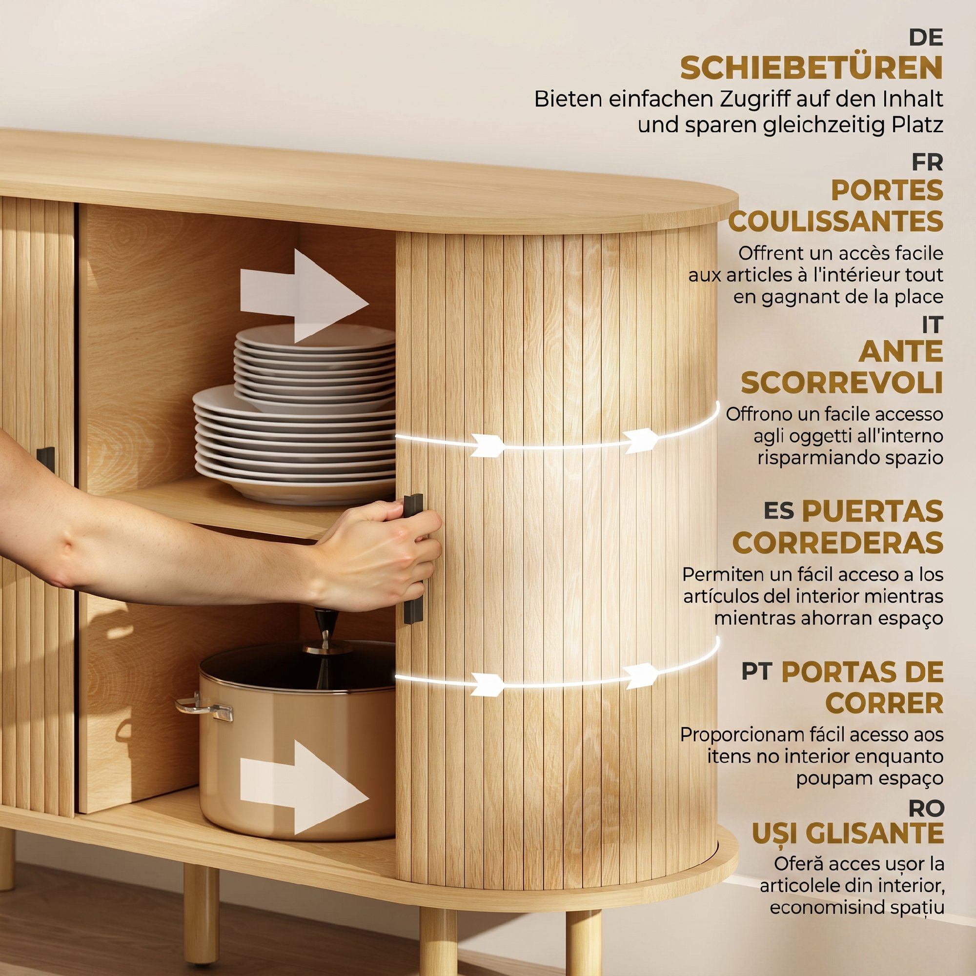 47" Buffet Cabinet with Tambour Sliding Doors, Fluted Sideboard with Storage Shelves and Wooden Legs, Oak - Image 3