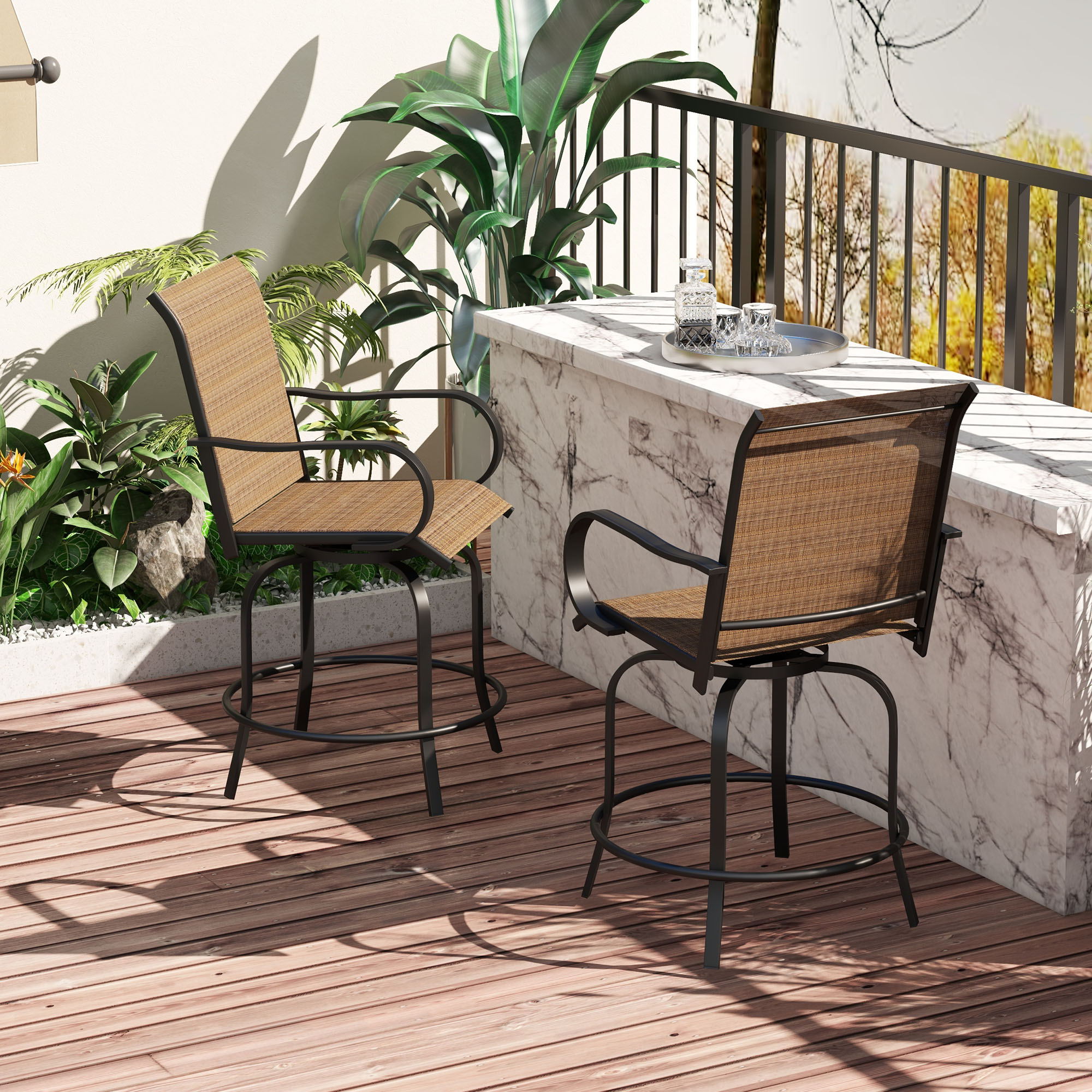 Outdoor Bar Stools Set of 2, 360° Swivel Bar Height Chairs, 26.8" x 29.5" x 48.4", Brown - Image 6