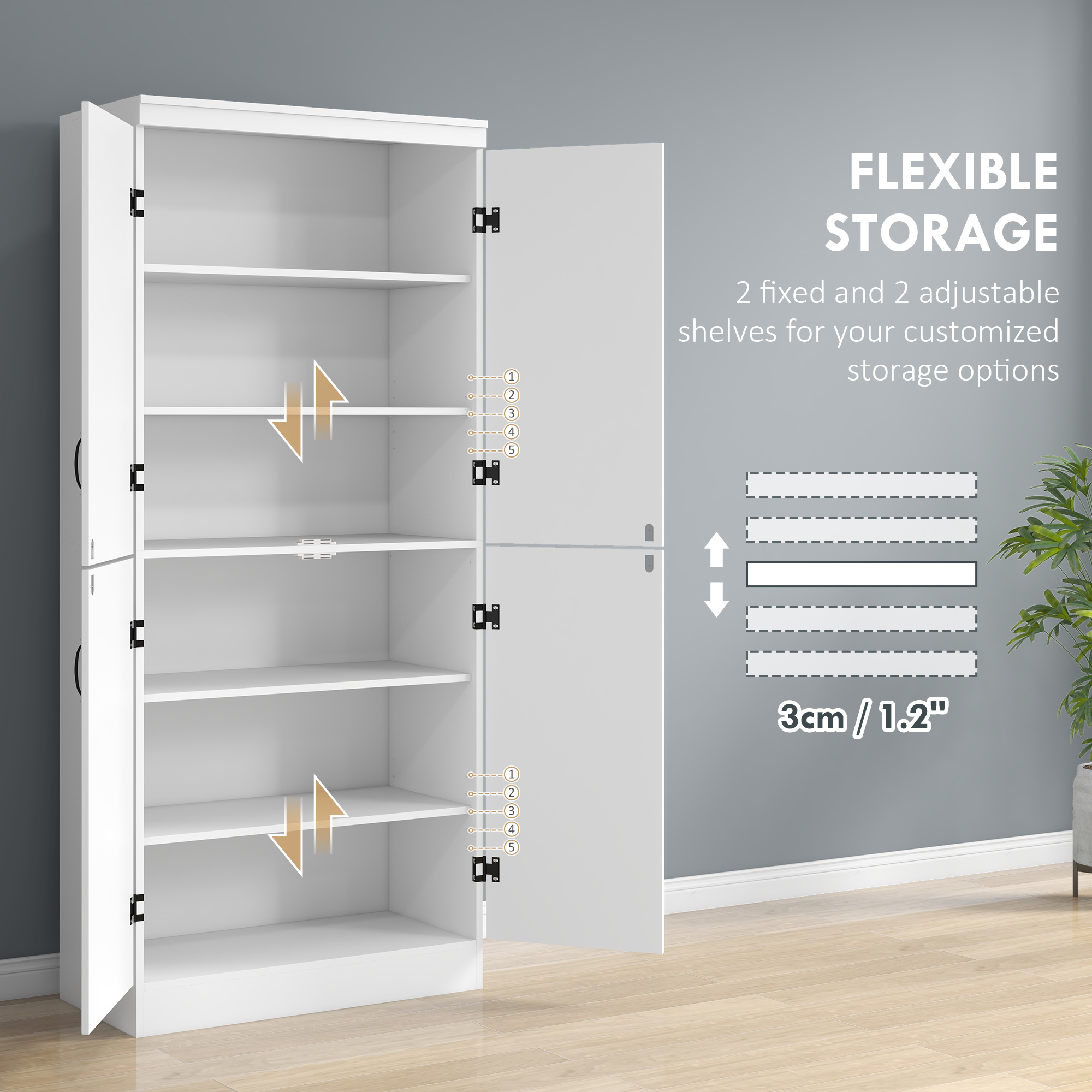 70" 4-Door Storage Cabinet, Freestanding Pantry Cabinet with Adjustable Shelves for Living Room, White - Image 3