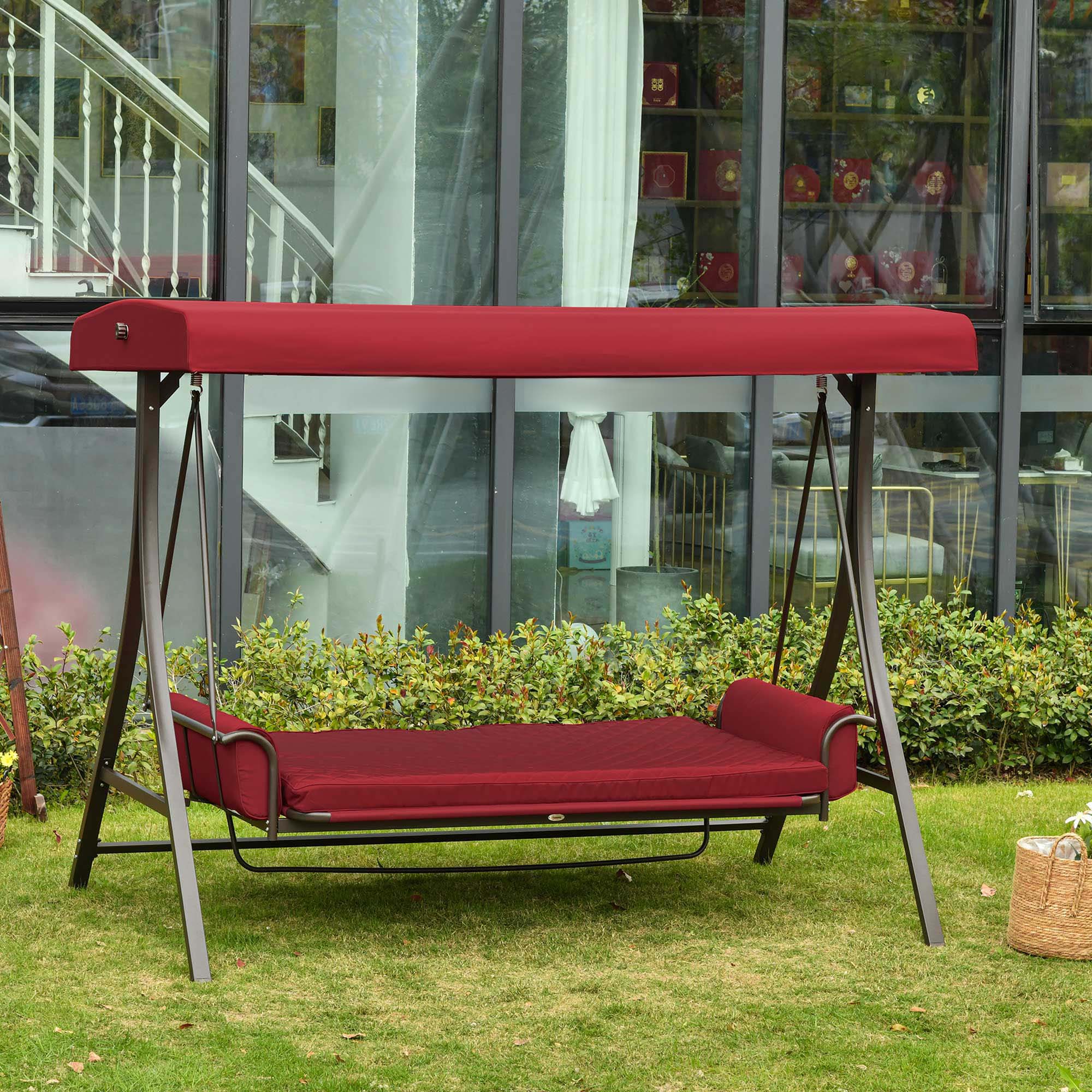3 Person Porch Swing Bed, 2-in-1 Convertible Outdoor Patio Swing Chair Bench Hammock with Adjustable Canopy, Cushions, Pillows for Porch and Backyard, Red - Image 6