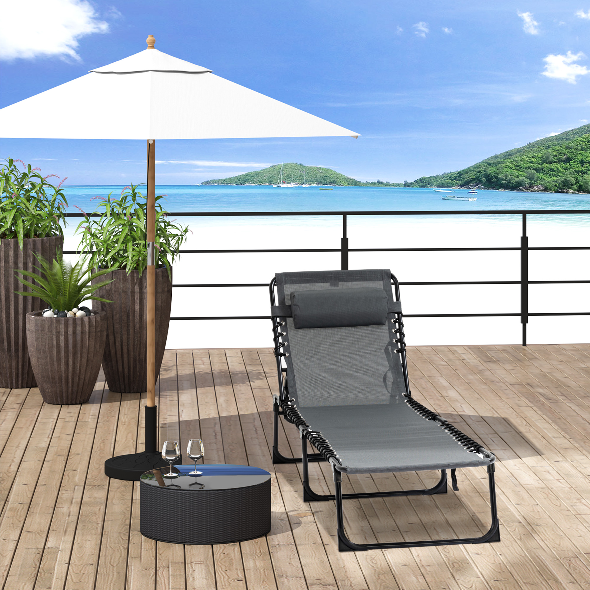 Outdoor Folding Chaise Lounge, Reclining Lounge Chair with Adjustable Backrest and Removable Pillow, Grey - Image 6