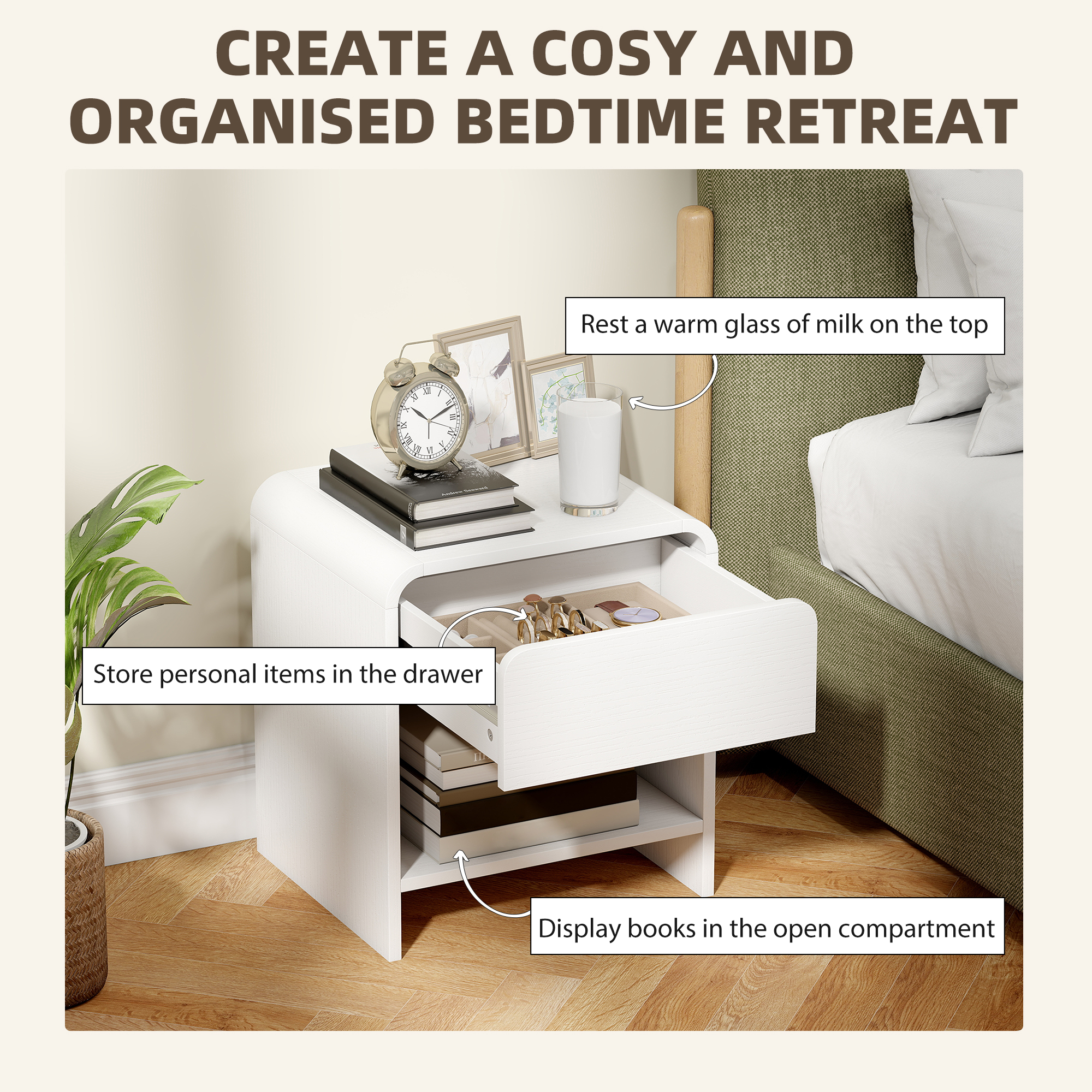 Nightstand Set of 2, Modern Bedside Table with Rounded Corners, Nightstand with Drawer and Open Shelf, Distressed White - Image 3