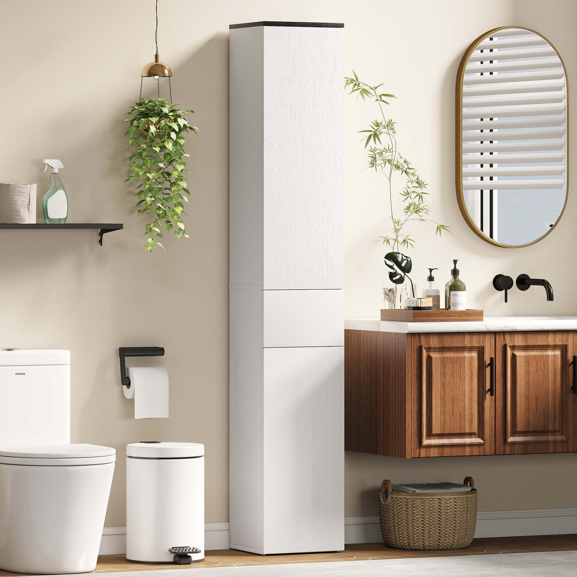 Tall Bathroom Cabinet with 2 Cupboards and Drawer, Slim Bathroom Storage Cabinet with Adjustable Shelves, White - Image 6
