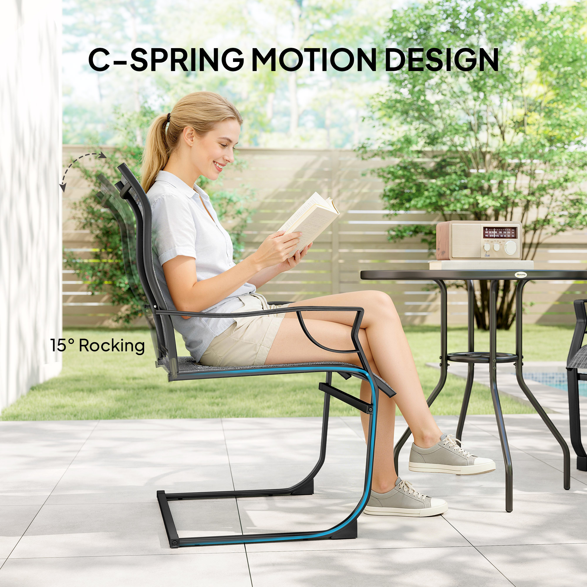 C Spring Motion Patio Chairs Set of 2 with Curved High Backrest, Armrest, All Weather Breathable Fabric, Metal Frame - Image 2