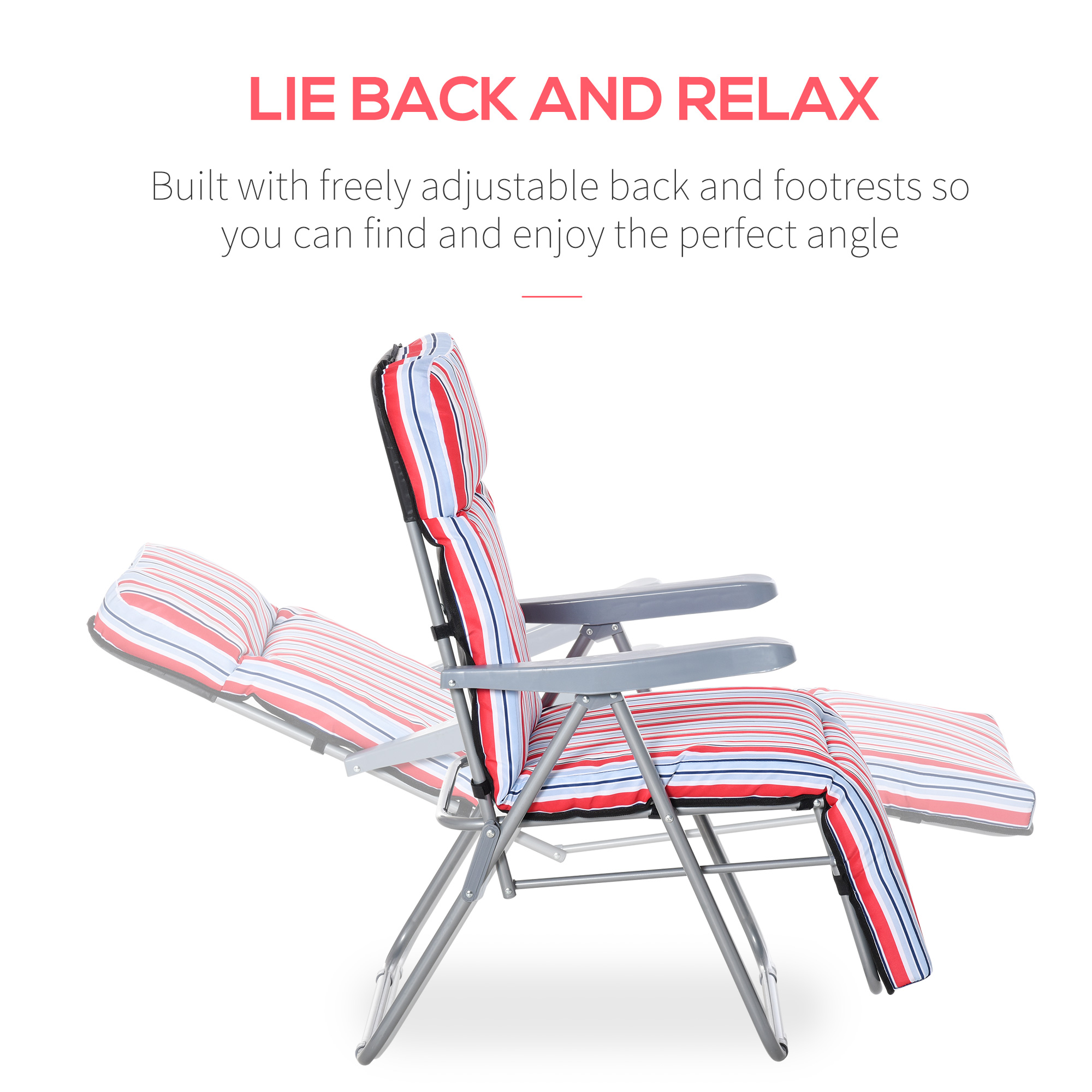 Set of 2 Garden Sun Lounger, Outdoor Reclining Seat Cushioned Seat, Foldable Adjustable Recliner, Grey and Red - Image 2