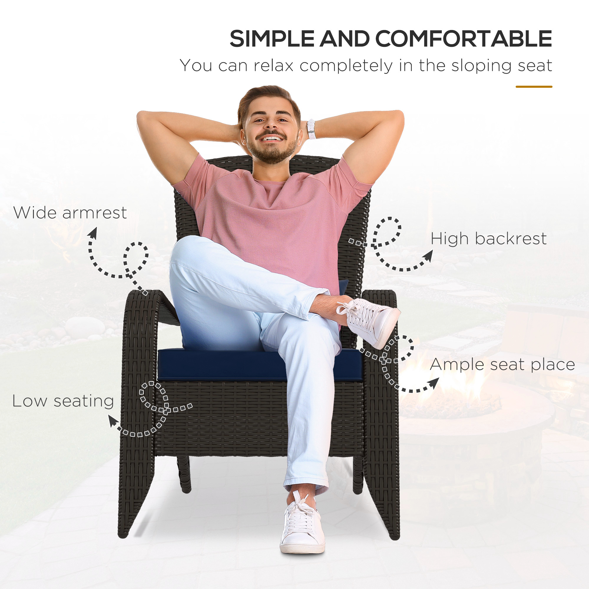 Patio Wicker Adirondack Chair, Outdoor Rattan Muskoka Chair with Cushions for Patio, Garden, Backyard Dark Blue - Image 2