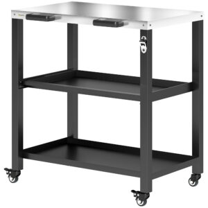 Outdoor Grill Cart with Stainless Steel Tabletop, 2 Shelves, Rolling Prep Dining Cart with Lockable Wheels