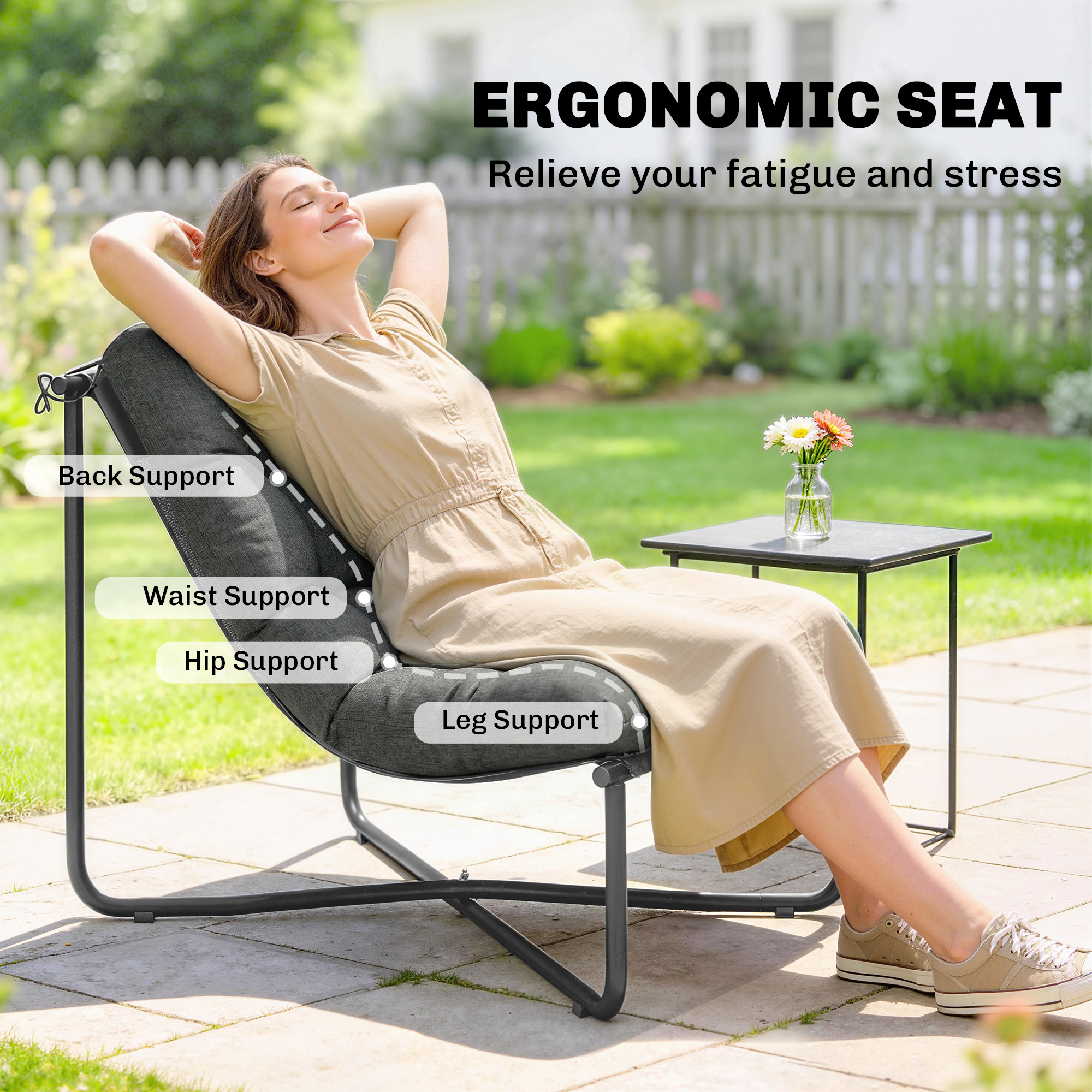 Outdoor Patio Chair, Comfy Sling Lounge Chair with Cushion, Breathable Wide Seat, Steel Frame, Dark Grey - Image 2