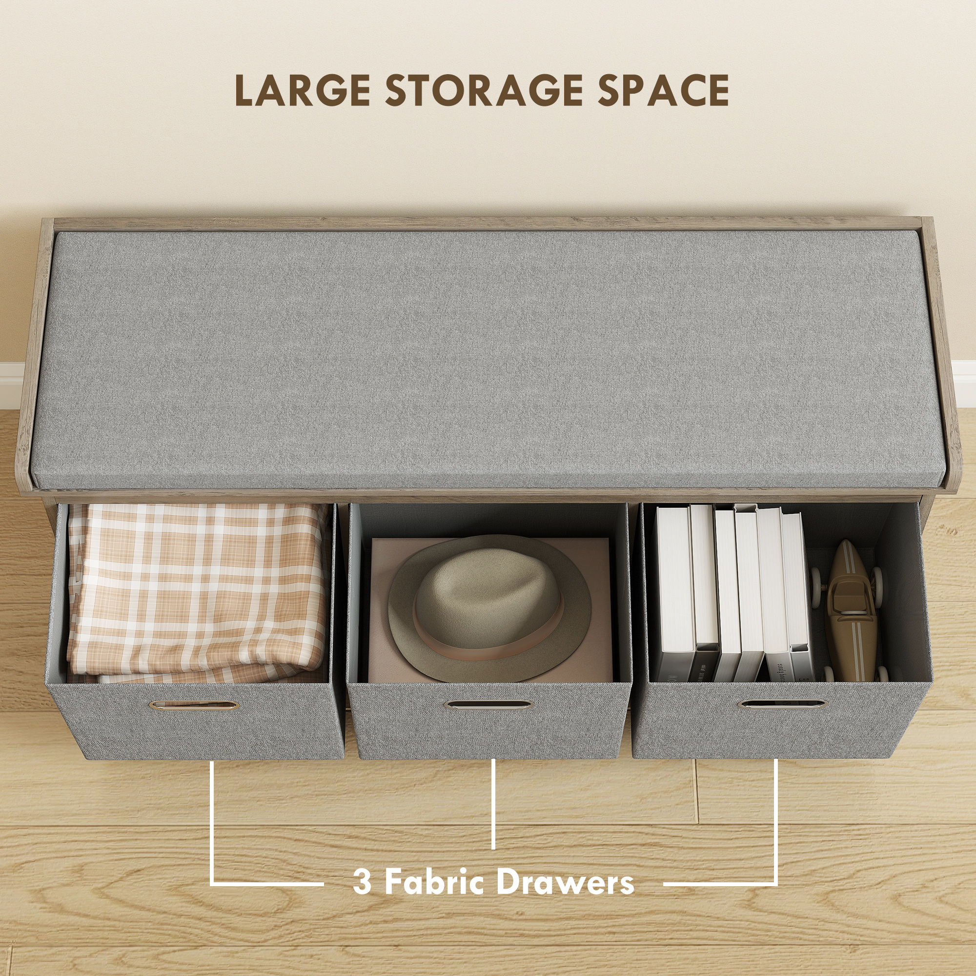 Shoe Storage Bench with Seat, Entryway Bench Seat with Cushion, 3 Fabric Drawers for Hallway, Washed Grey - Image 3