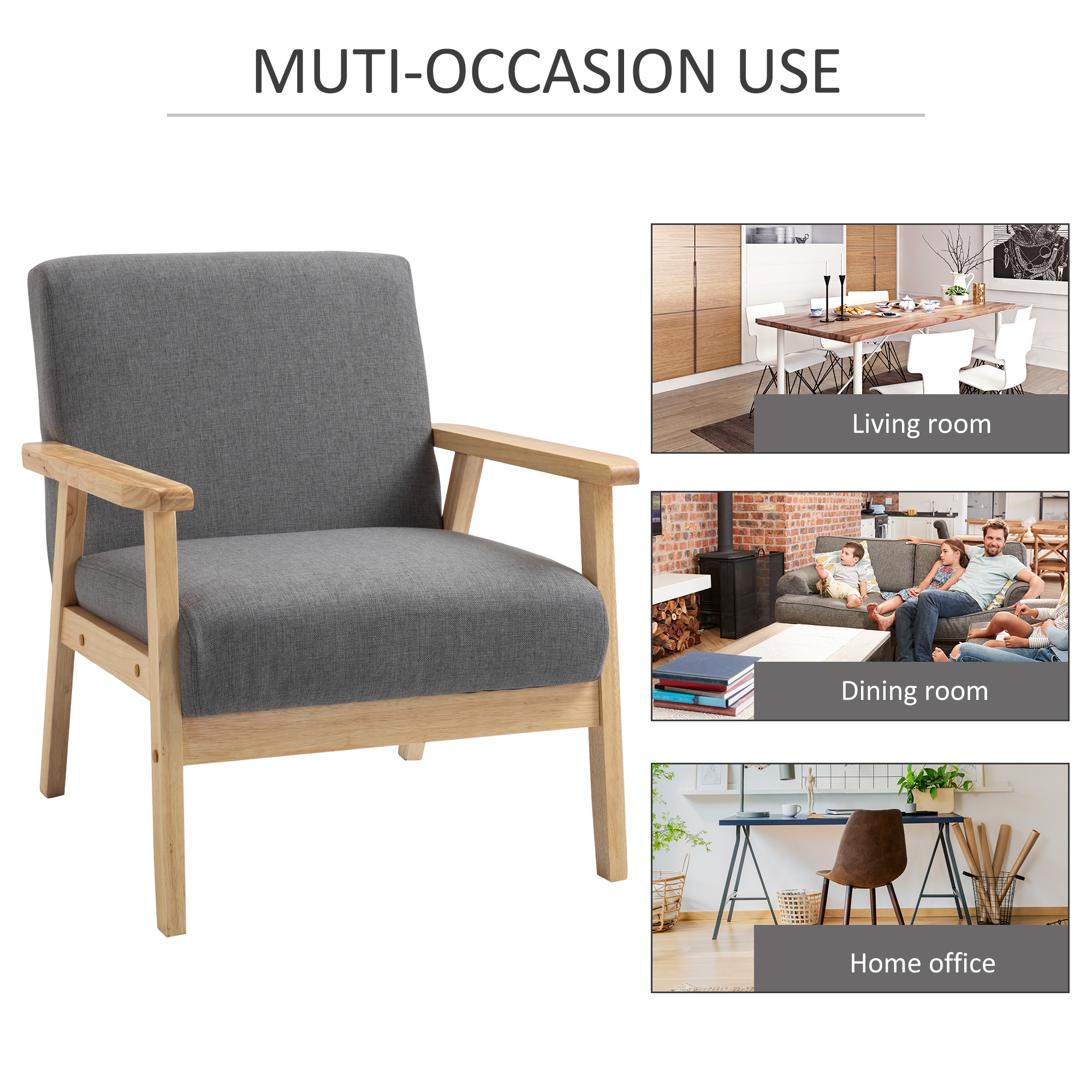 Minimalistic Accent Chairs Wood Frame w/ Thick Linen Cushions Wide Seat Armchair for Bedroom Office, Grey - Image 4